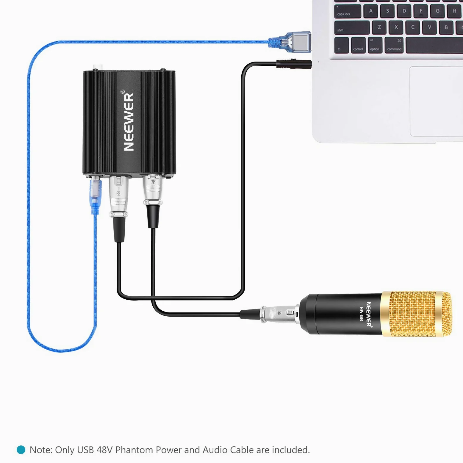 Neewer Alimentazione 48V Phantom 1 Canale con 1,5m Cavo USB & Cavo Microfono 3 Pin XLR per Qualsiasi Microfono a Condensatore Impianto di Registrazione Musicale