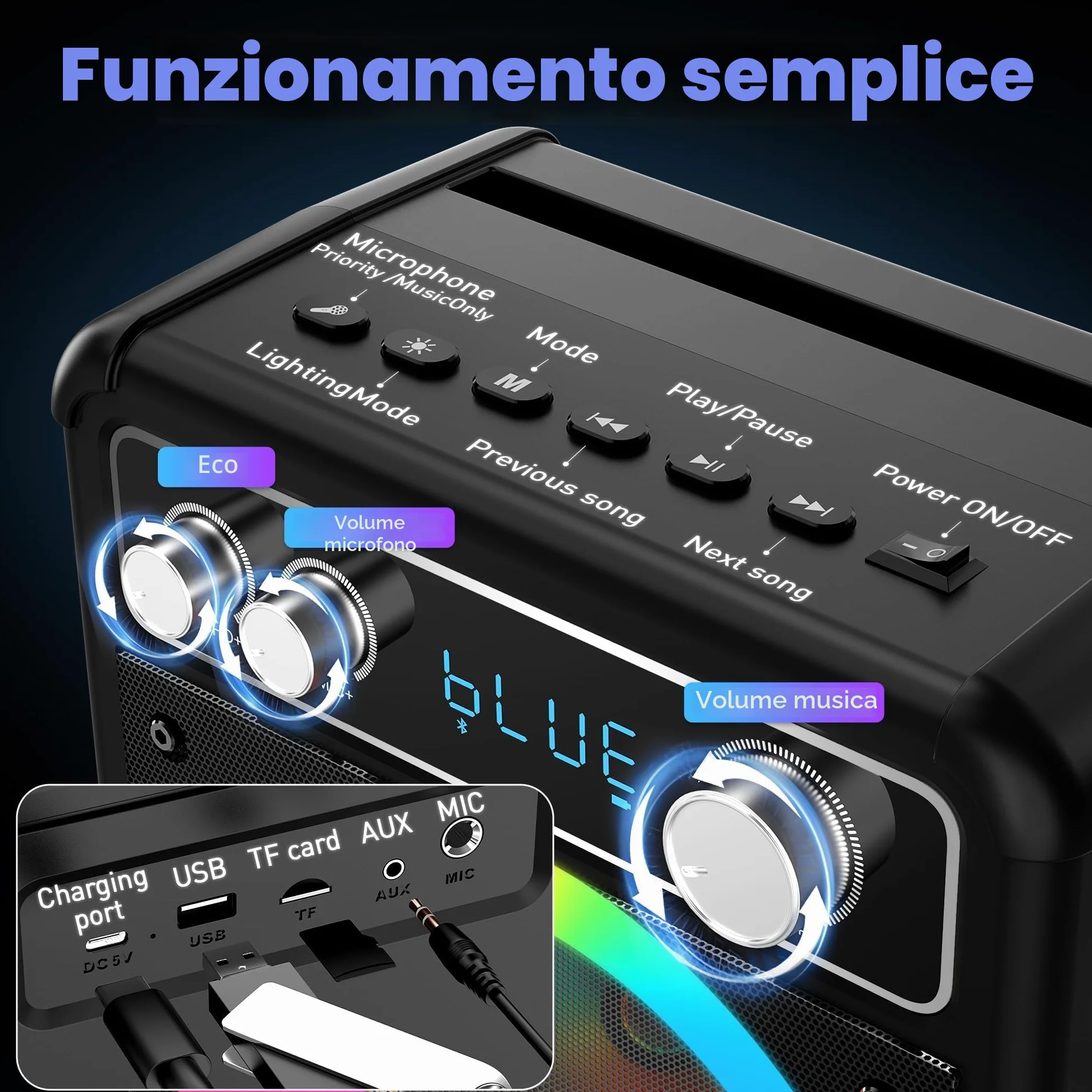 Ankuka Karaoke con Microfono, Altoparlante Bluetooth Portatile con 2 Microfoni Wireless, Macchina Karaoke con Potenza Audio 15W, Supporta TWS/Rec/FM/AUX/USB/TF per Feste a Casa