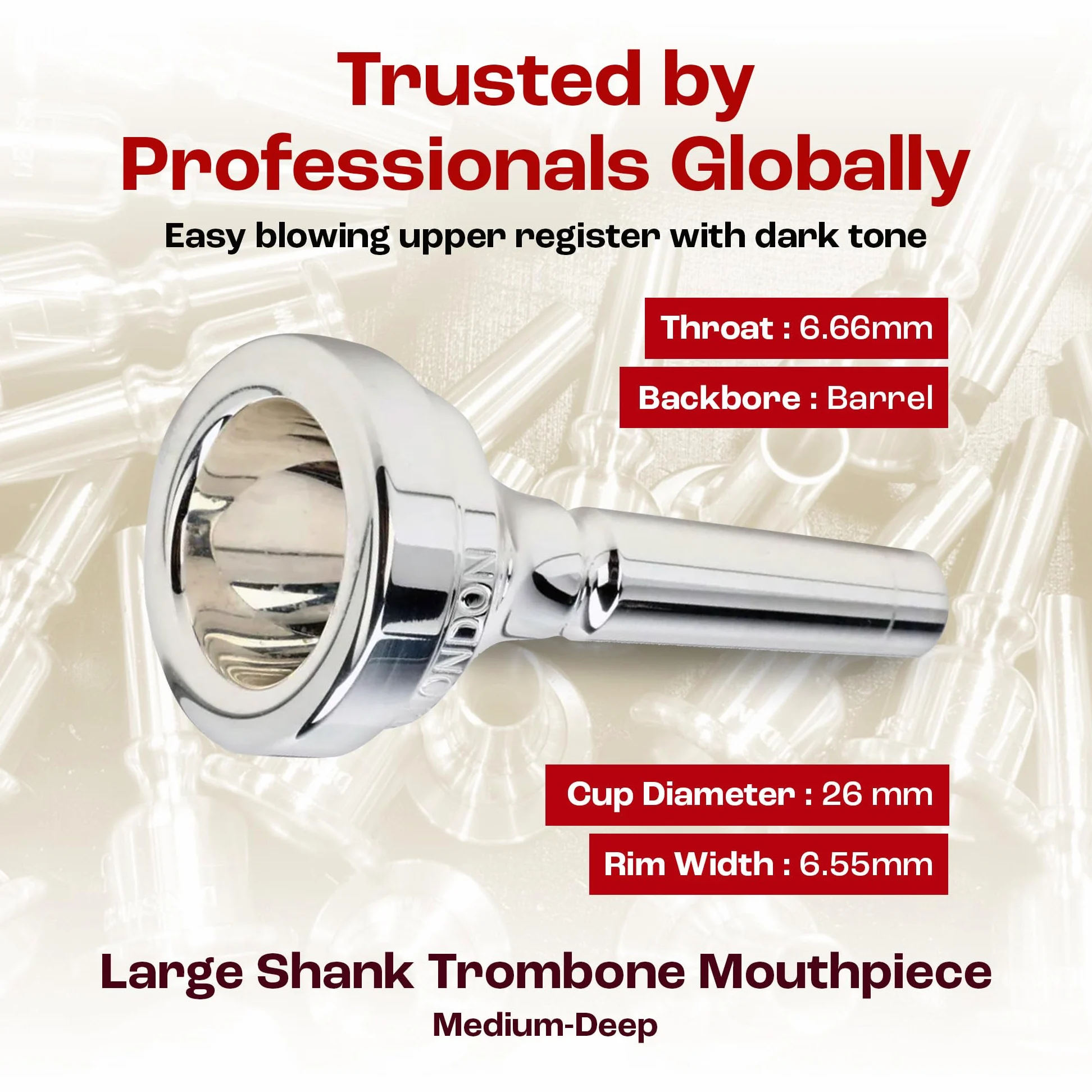 DENIS WICK – DW5880-4.5AL Bocchino Trombone Classic Silver Plated, Large Shank, Tono Scuro Profondo, Facilità Registro Acuto, Costruzione Professionale