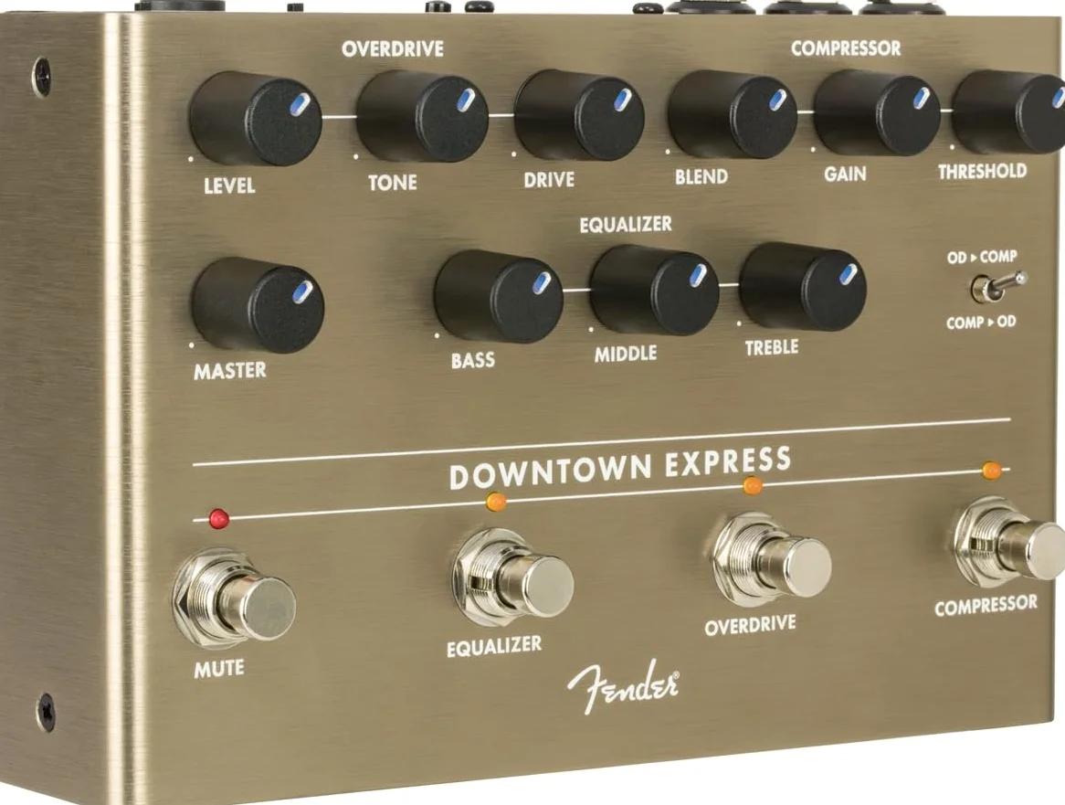 Fender Downtown Express Pedale Multi-Effetto per Basso, Compressore, Overdrive, EQ a 3 Bande, Uscita Diretta, Manopole Retroilluminate a LED, Interruttore Ordine Effetti