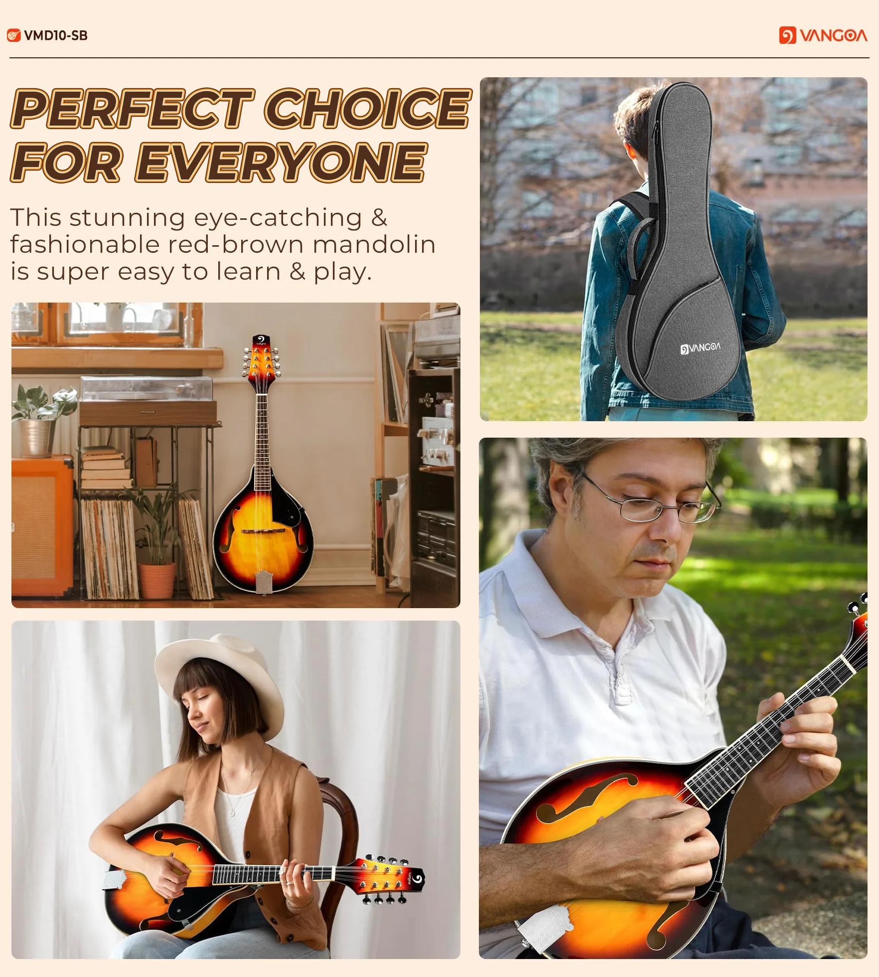 Vangoa Acustico Mandolino Strumento A-stile Mandolin Bluegrass Mandolino a 8 corde per Principiante, Sunburst
