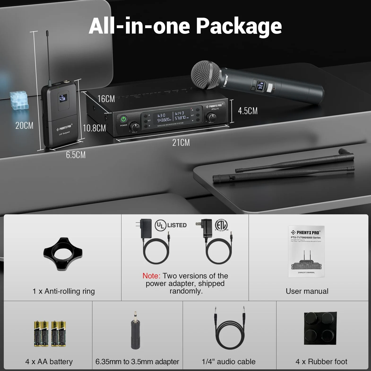 Phenyx Pro Sistema microfono wireless professionali doppi con microfoni palmari, bodypack e da bavero, scansione automatica, 2x100 frequenze UHF, portata di 328 piedi per canto, karaoke (PTU-71-1H1B)