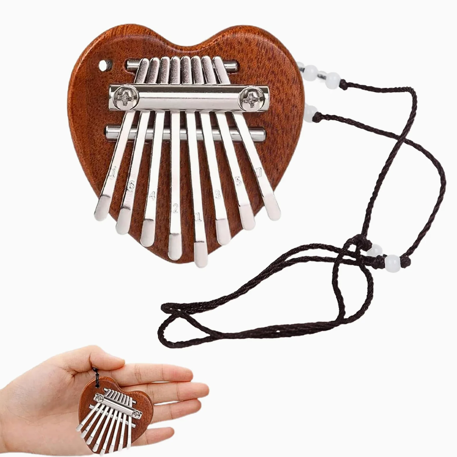 Mini Kalimba a 8 Tasti, Pianoforte per Pollice in Legno Massiccio, Strumenti Musicali Portatili Con Cordino per Bambini, Adulti e Principianti, Forma Cuore