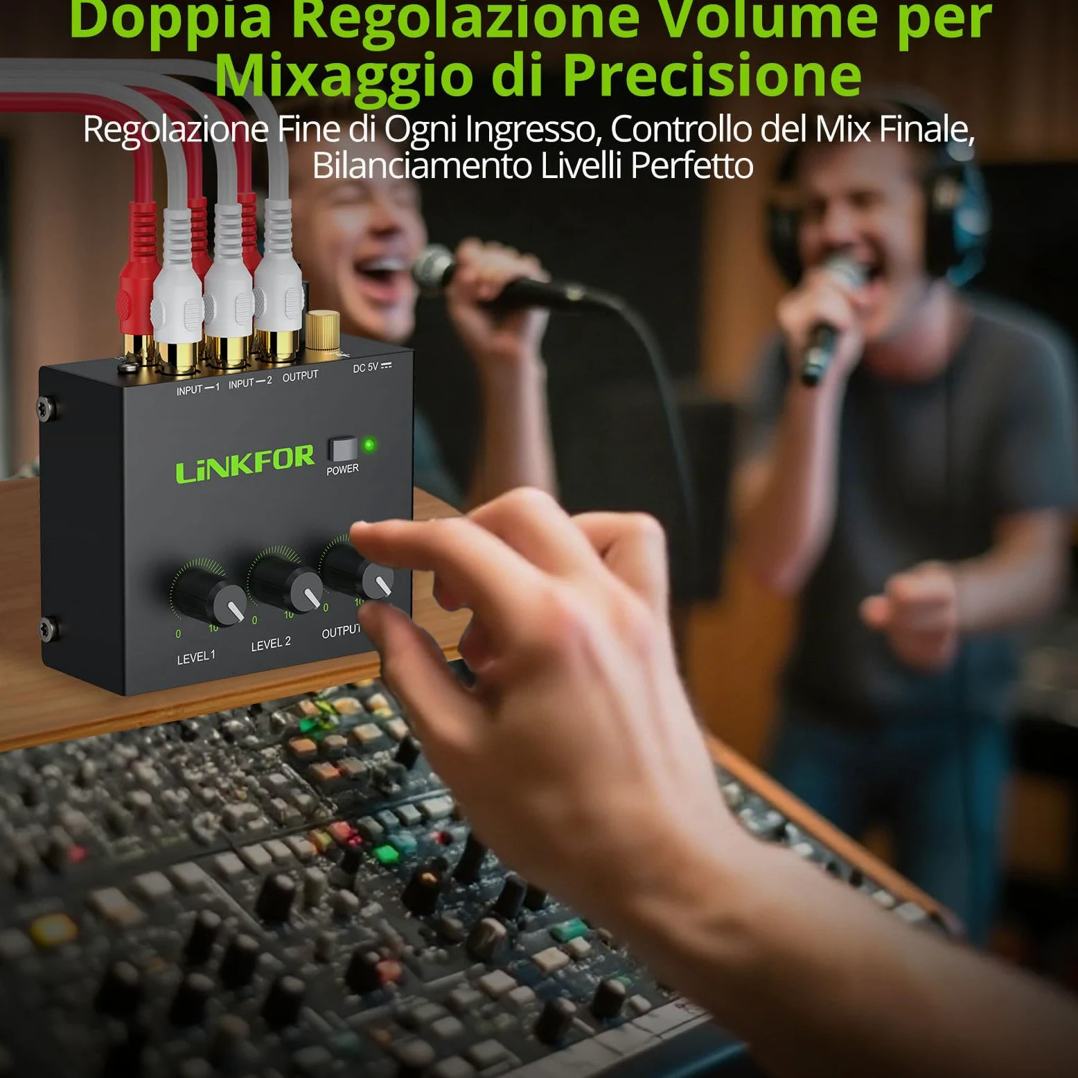 LiNKFOR Mixer Audio Stereo 2 Canali Attivo Basso Rumore, Audio Stereo RCA Compatto con Connettori Dorati, Mixer RCA 2 Canali con Controllo Volume Indipendente per PC/TV/Game