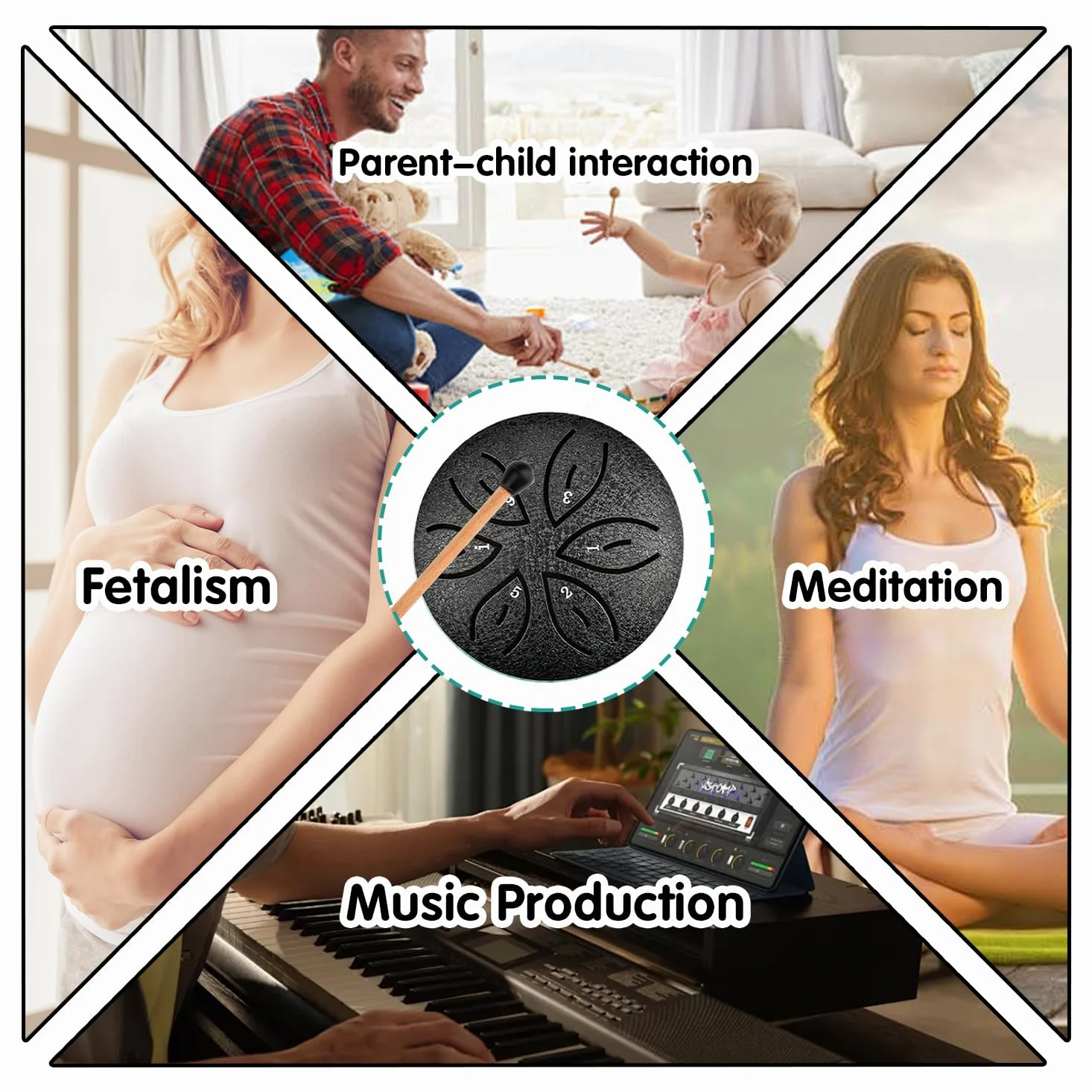 Tamburo a Lingua, 6 Note tamburo della lingua, Tamburo in Acciaio, Tamburo del Handpan, Handpan Tamburo Strumento a Percussione, Handpan Strumento Musicale, per Meditazione, Yoga(nero)