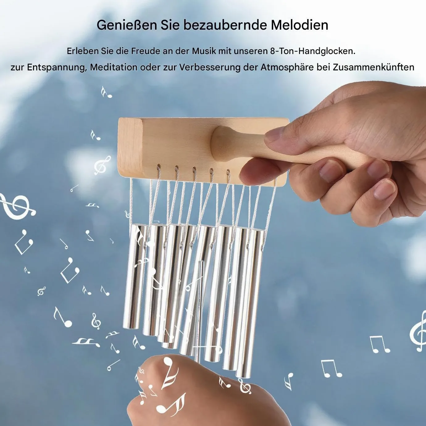 Chimes Percussion - Campana a mano in legno con 8 toni, strumento musicale con tubi in alluminio e bastone per scuola, yoga, giardino, soggiorno, casa, uomo e donna