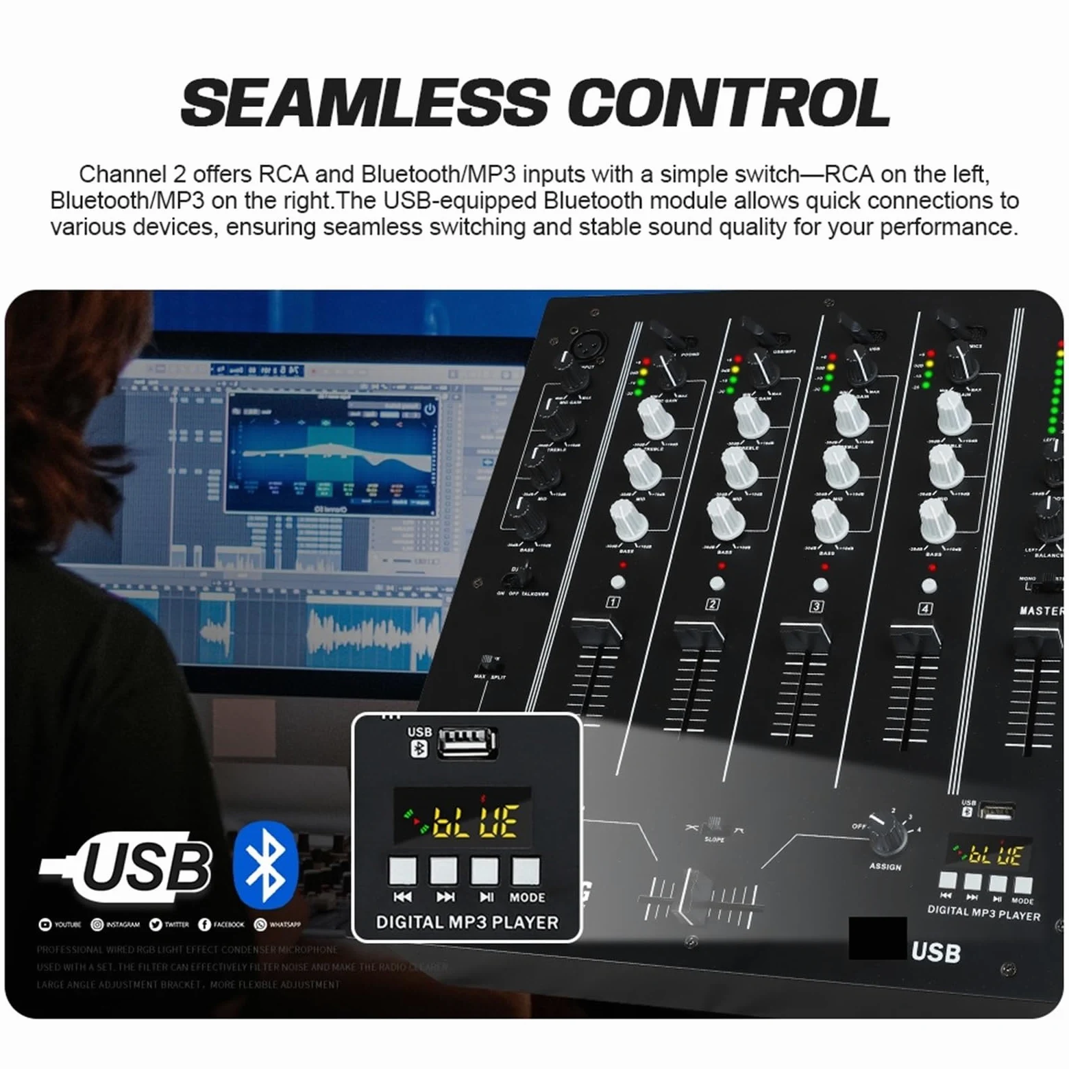 DJ Controller, Mixer DJ USB a 4 canali con interfaccia integrata, equalizzatore a 3 bande, ingresso fono e crossfader sostituibile for DJ Stage
