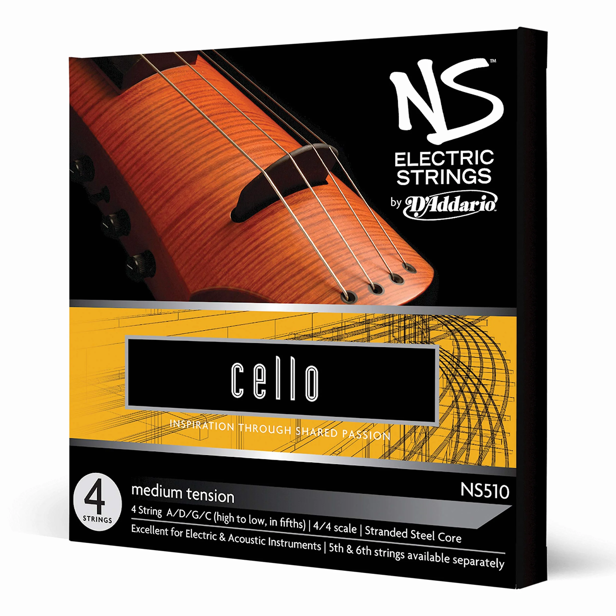 Set di corde D'Addario NS per violoncello elettrico, scala 4/4, tensione media