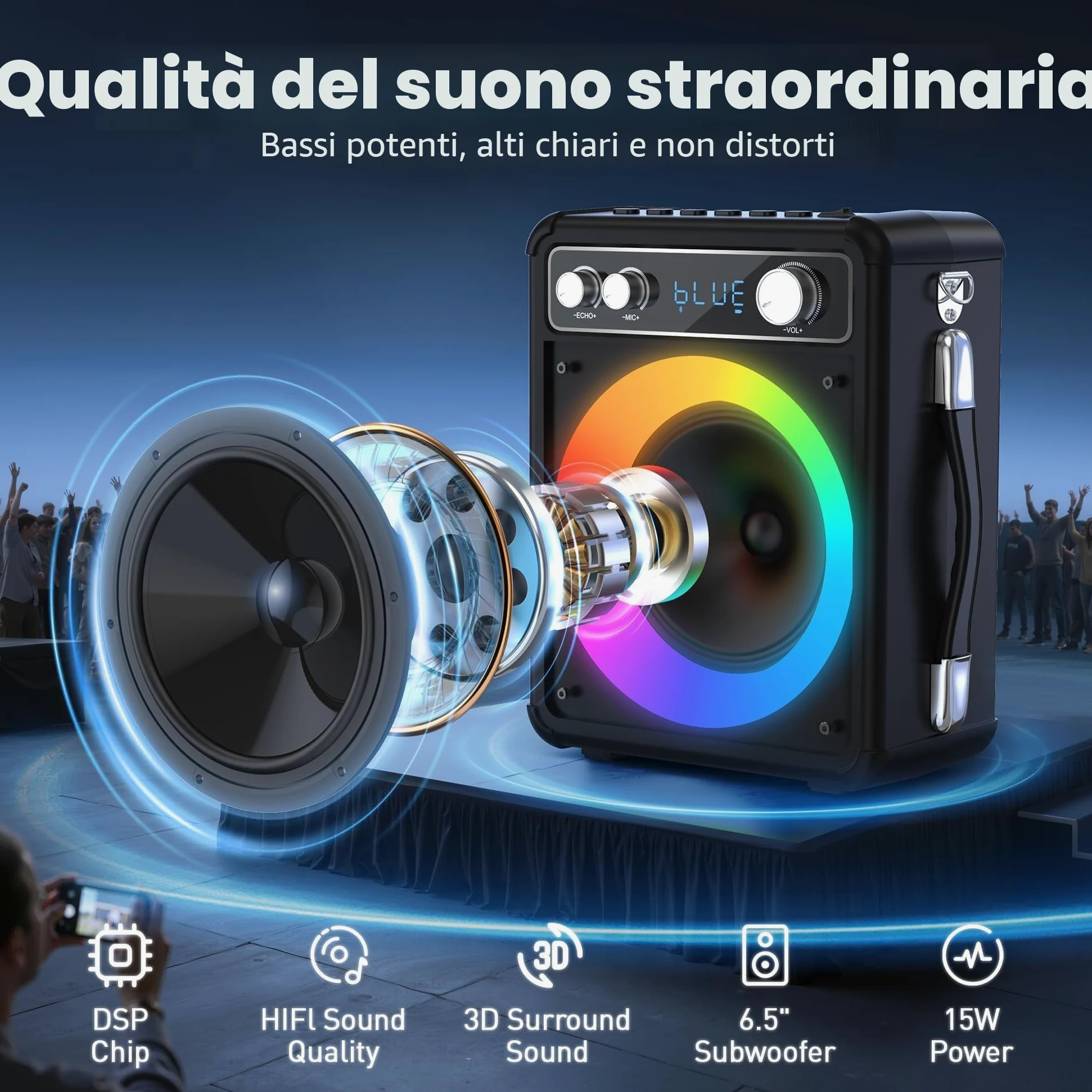 Ankuka Karaoke con Microfono, Altoparlante Bluetooth Portatile con 2 Microfoni Wireless, Macchina Karaoke con Potenza Audio 15W, Supporta TWS/Rec/FM/AUX/USB/TF per Feste a Casa