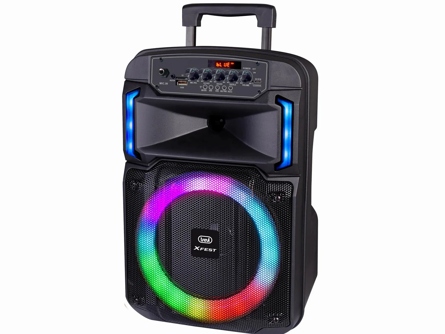 Trevi XF 370 KB Speaker Wireless 25W, Altoparlante Portatile con Trolley e Microfono Dinamico per Karaoke, Connessione Audio Wireless, USB, Micro SD, Batteria al Litio Integrata
