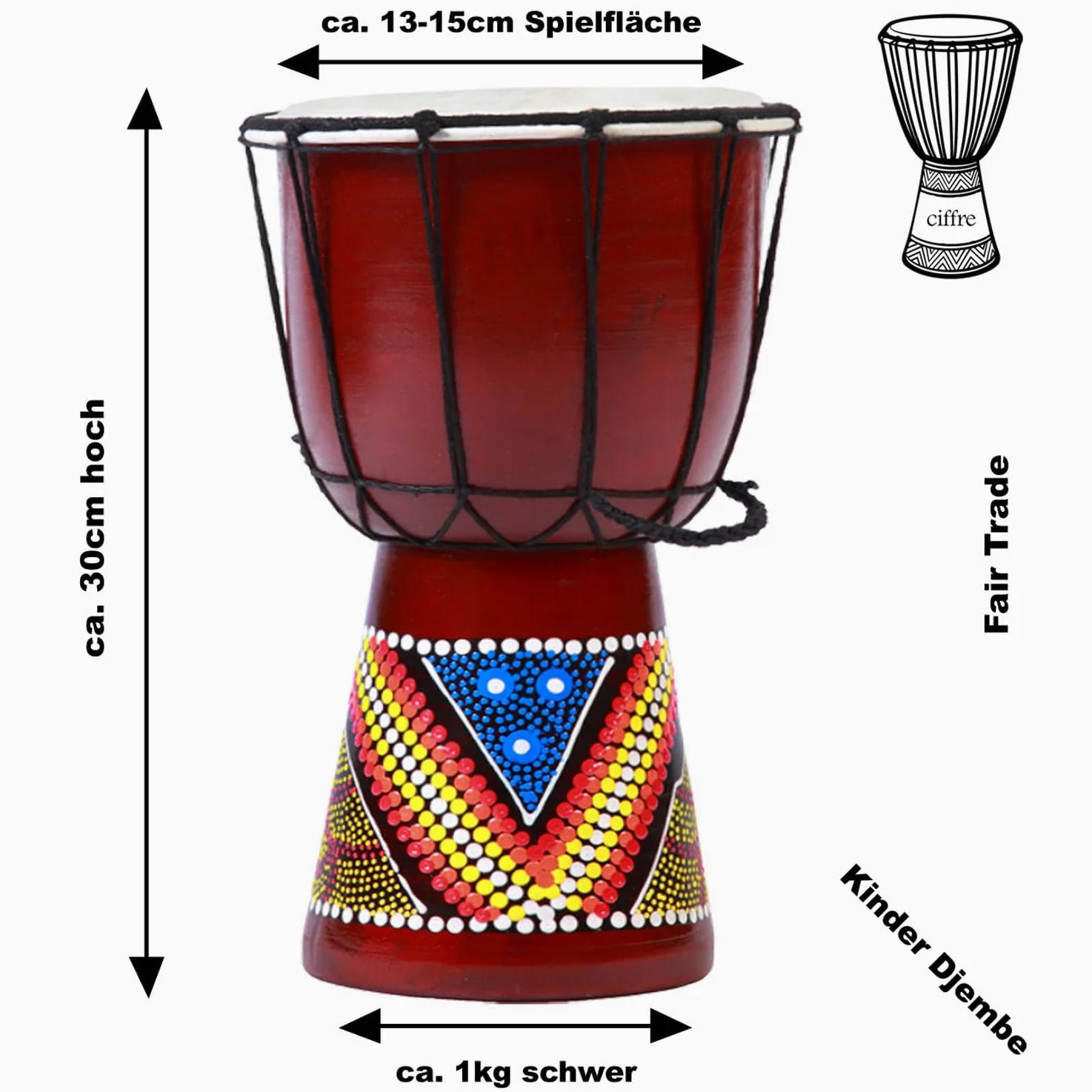 Djembe 30 cm per bambini – Tamburo africano in legno con pelle naturale, dipinto a mano – Strumento a percussione educativo – Modello multicolore