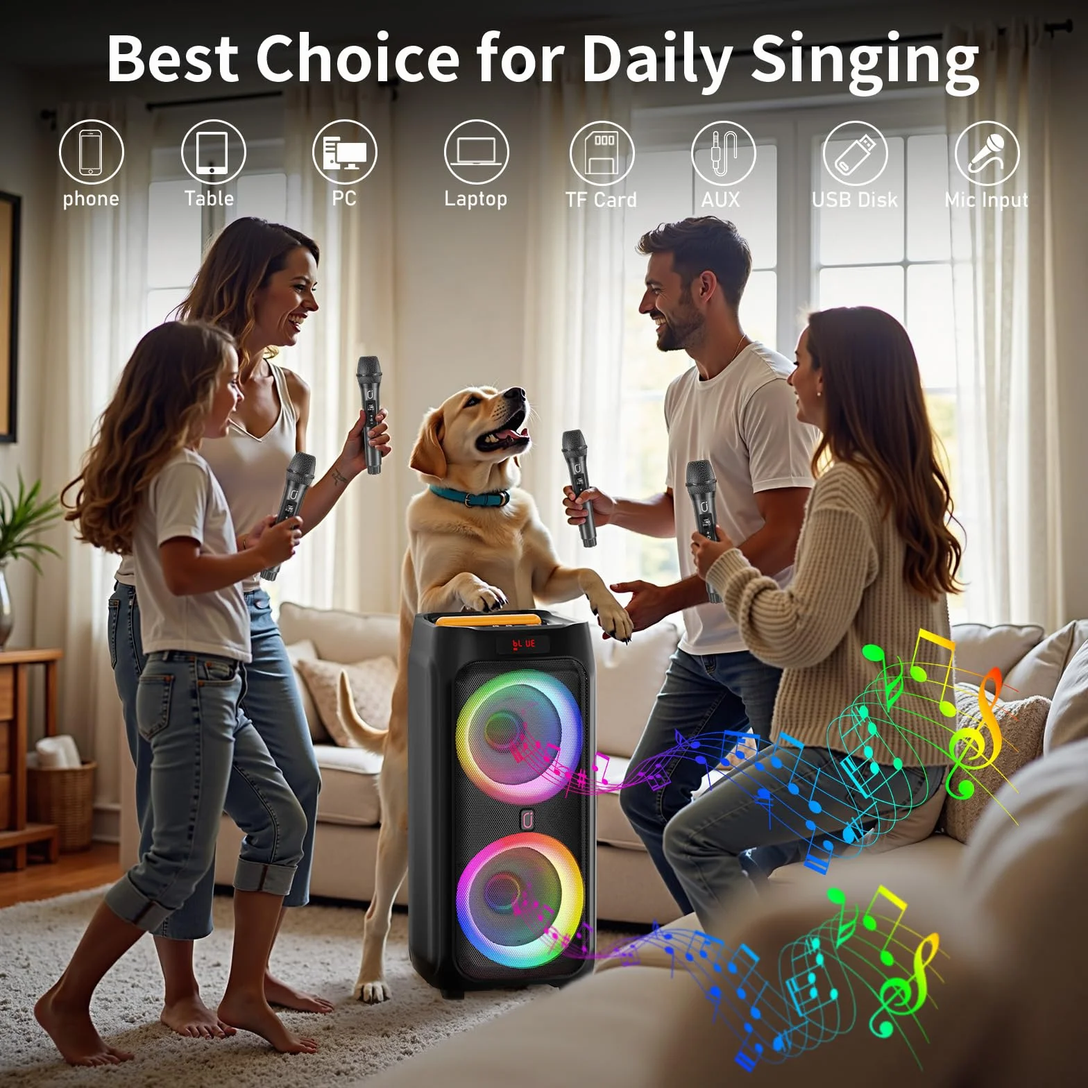 HWWR Karaoke con 2 Microfoni Wireless per Adulti, Altoparlante Bluetooth da 8" con potenza di picco di 500W, Sistema PA con Luce Discoteca LED, Ruote Rotanti e Carrello, Perfetto per Casa all'Aperto