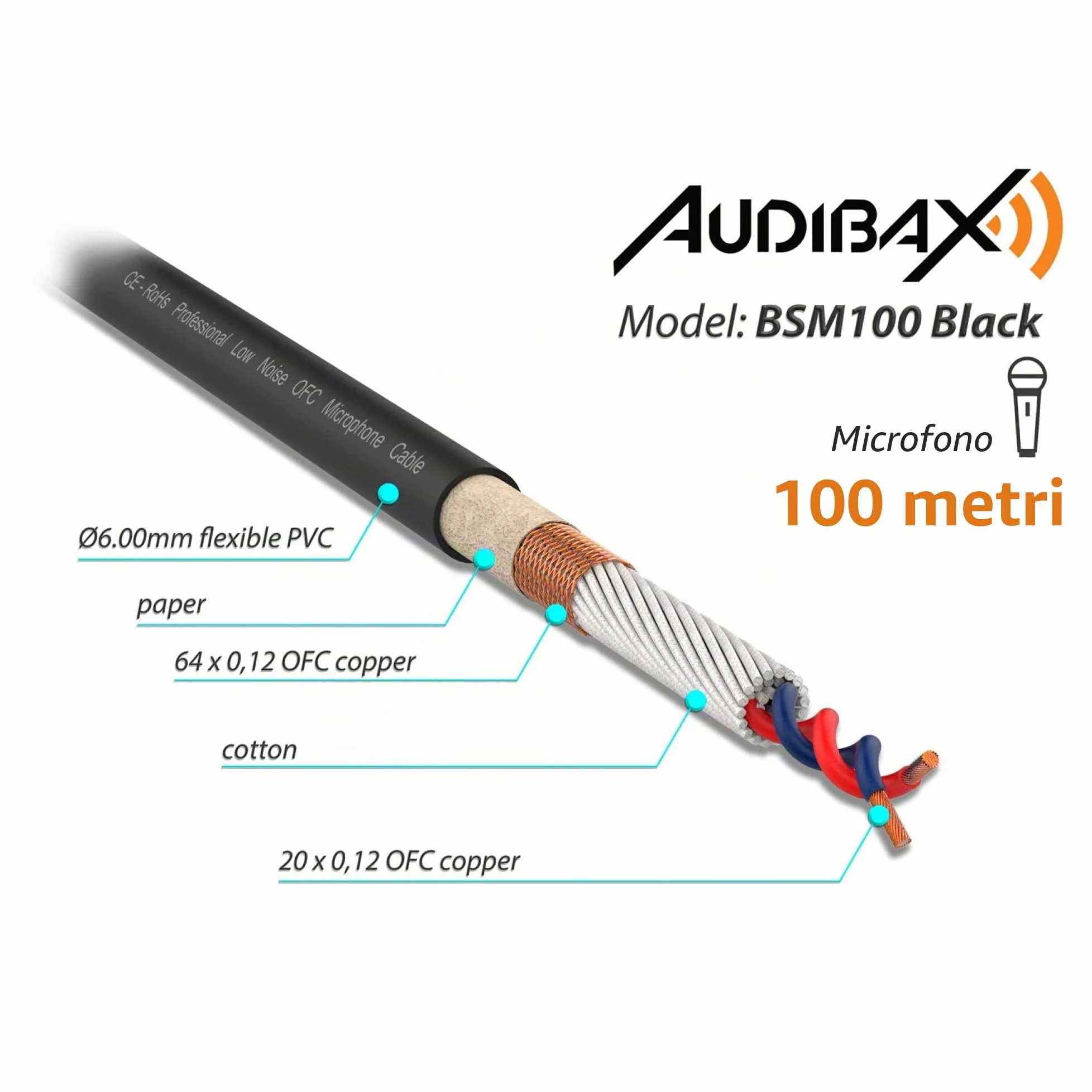 Audibax Silver BSM100 Nero - Avvolgicavo Microfonico Bilanciato - Lunghezza 100 Metri - Filo Intrecciato e Magliato - Copertura in PVC Flessibile e Resistente - Colore Nero