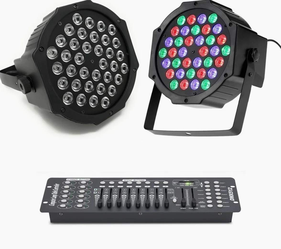 Set Centralina DMX MIXER 512 controller luci disco effetti dj 192 con 2 Fari Luce con 36 Led di Colori Vari RGB da 36 Watt, Sensore Sonoro Integrato con Luci Colorate per Feste Discoteca Eventi