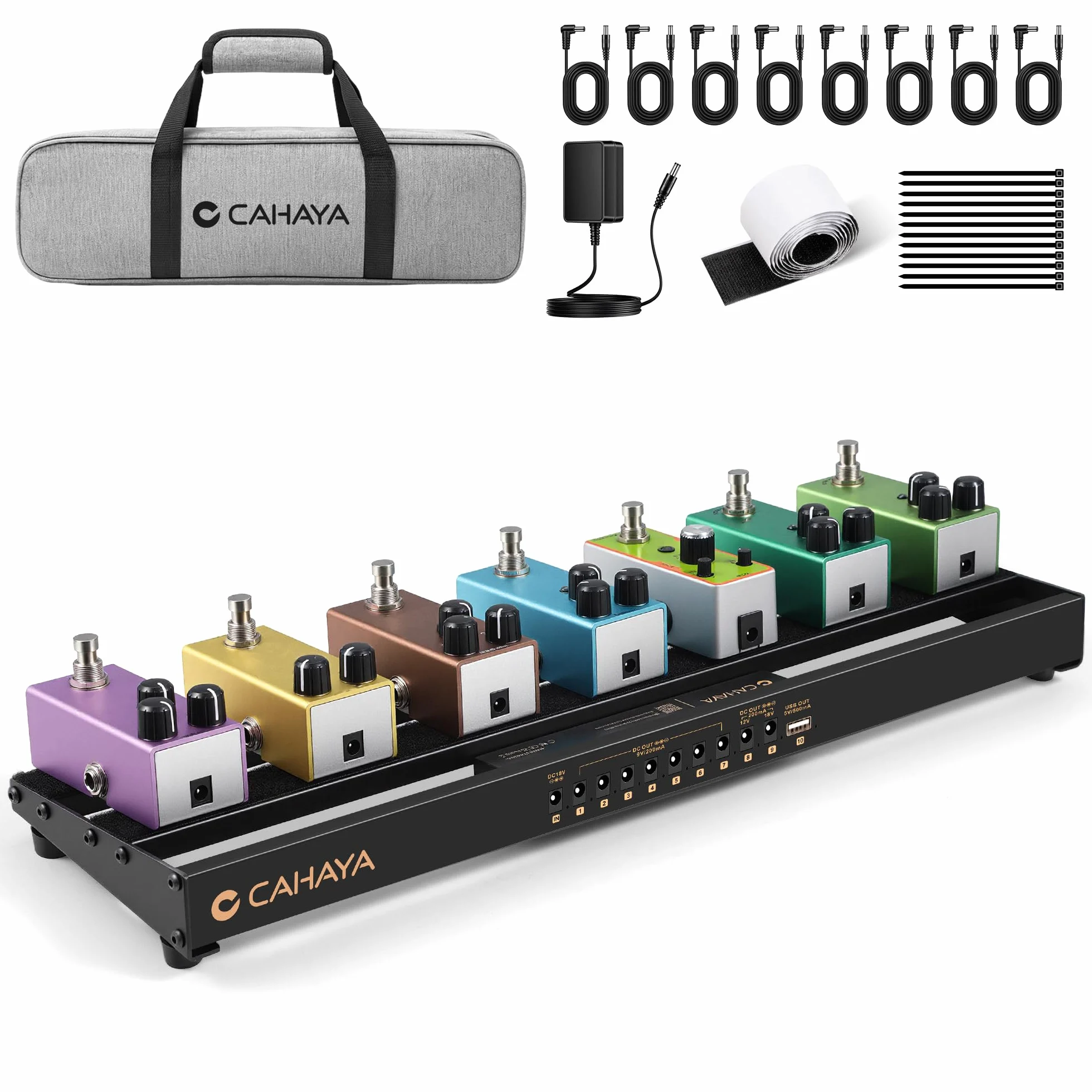 CAHAYA Pedaliera Chitarra Alimentazione Compatta - Pedalboard Leggera in Lega di Alluminio con Alimentazione Integrata, Cavi DC, Uscita USB, Borsa per il Trasporto e Alimentatore 49x13cm 0,86kg