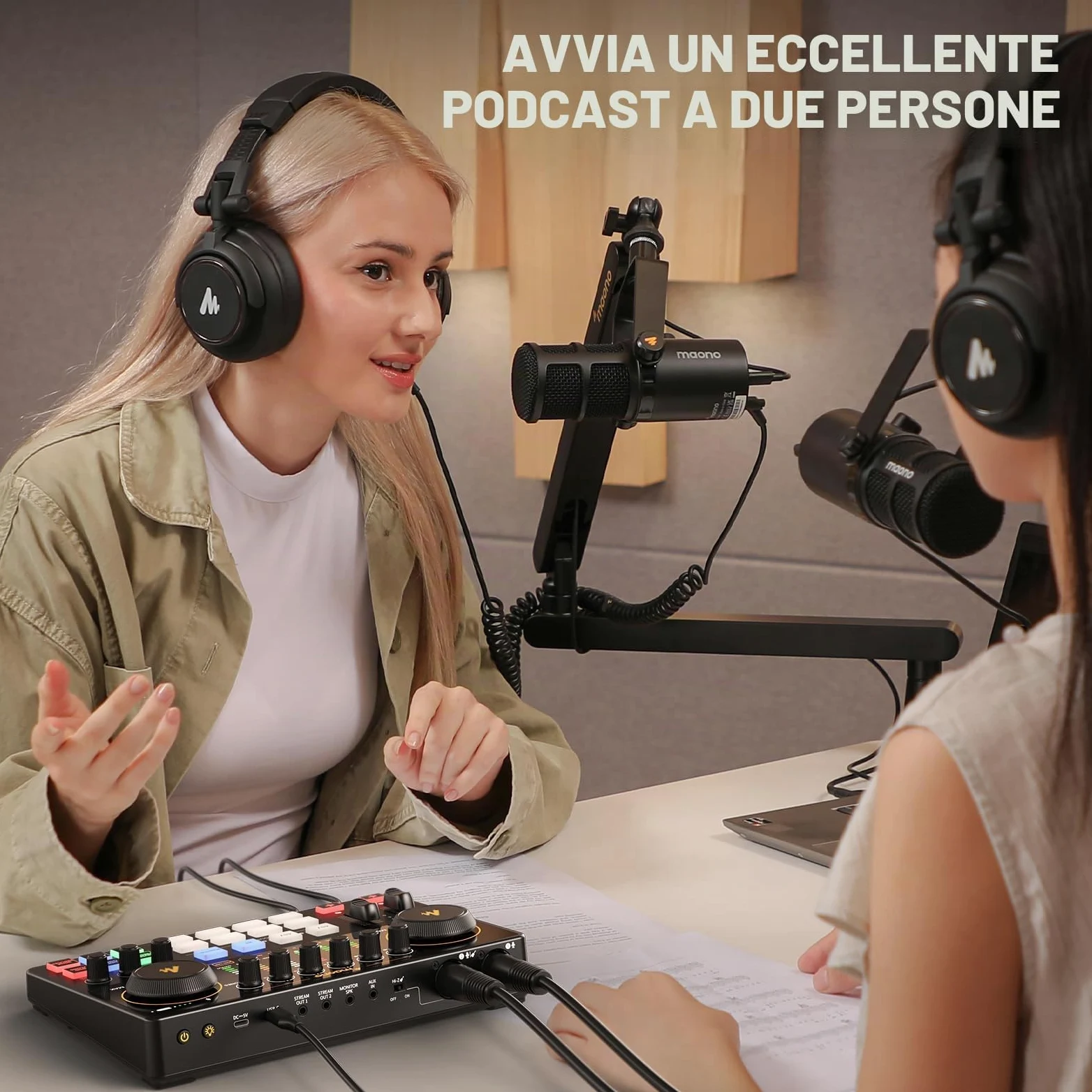 MAONO Pacchetto di apparecchiature podcast: mixer di interfaccia audio con due ingressi XLR per lo streaming di podcast MaonoCaster E2 Gen2