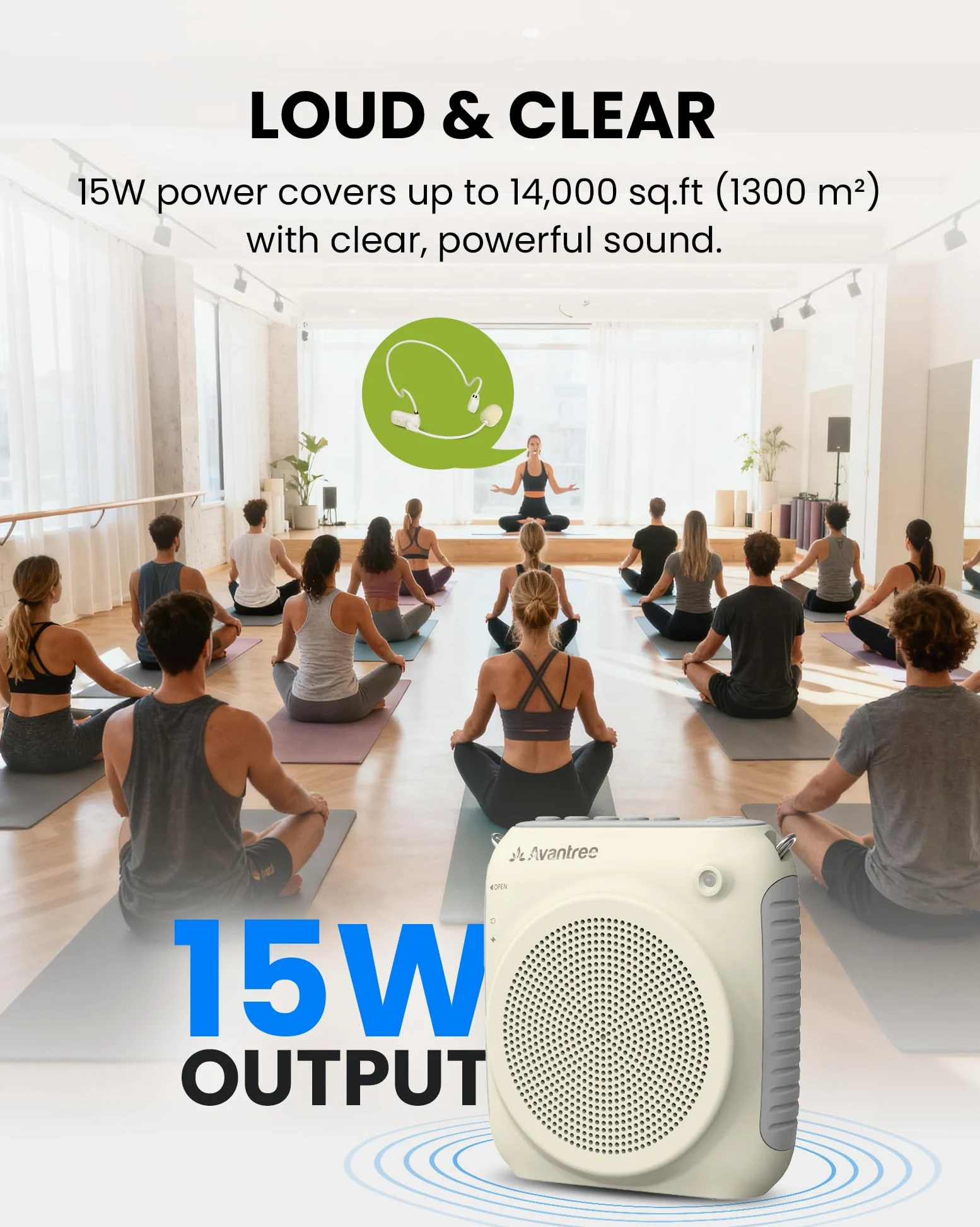 Avantree VoxAmp Lite – Amplificatore Vocale Wireless per Insegnanti e Aule, Parla Mentre Riproduci Audio Bluetooth, Altoparlante da 15W con Microfono ad Archetto, Registrazione e Riproduzione USB