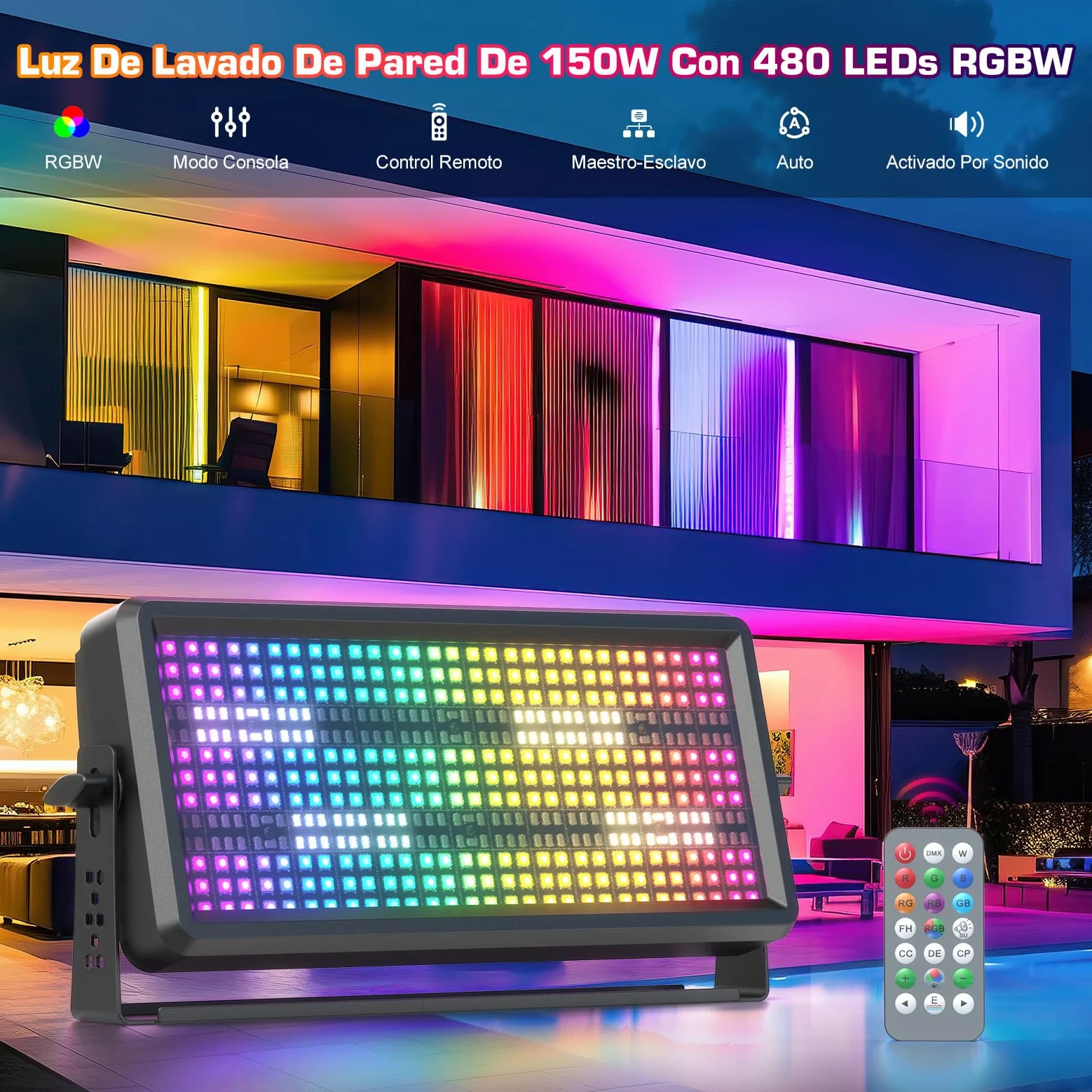 2 pezzi 150W LED RGBW Wallwasher 450 LEDs Barra Luminosa Stroboscopica Effettouce Luce da discoteca con Telecomando per DJ Discoteca Luci da Palco Bar Interno ed esterno Illuminazione