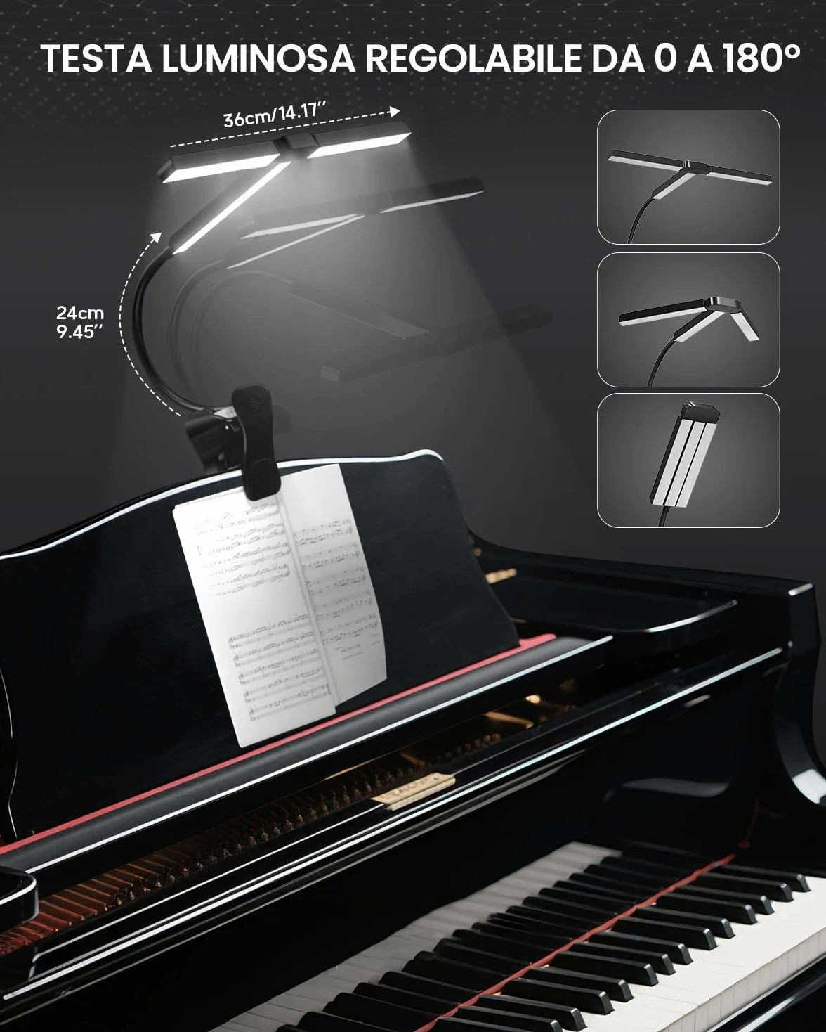 Ultra-Ampia 36CM Luce da Leggio Musicale a Pinza, 57 LED Super Luminosi, 4 Colori x 3 Luminosità, Pieghevole Forma-T Lampada Pianoforte per Spartiti e Lettura Libri, Ricaricabile USB-C