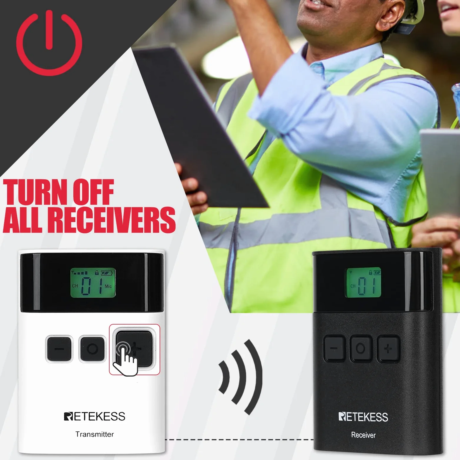 Retekess TT122 Sistema di Guida Turistica, 150m, 2.4G, 1500mAh Audio Wireless Apparecchiatura di Traduzione a 36 Canali, con Scatola di Ricarica a 32 Slot TT015 per Fabbrica, Turismo, Conferenza