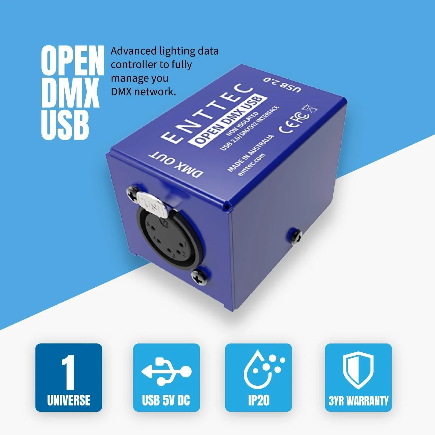 Enttec Open DMX USB 70303 - Controller widget per interfaccia di illuminazione (open source/hardware), con adattatore SIRS-E da 5 pin a XLR a 3 pin, con panno SIRS-E per la pulizia
