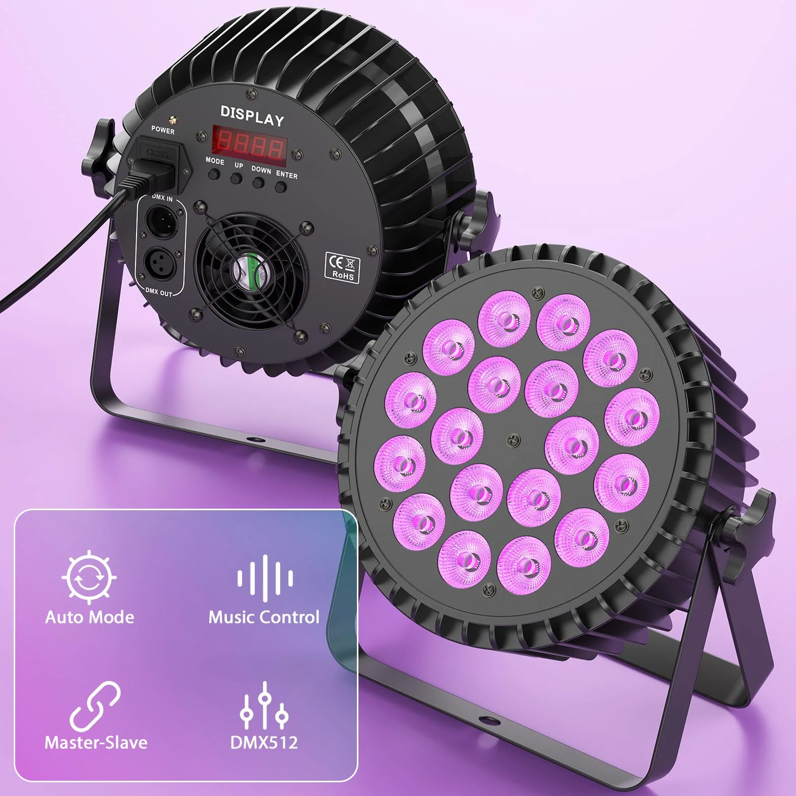 2 pezzi 200W UV+RGB 18 LED per proiettore, luce di scena luce da festa DMX512 illuminazione da discoteca per DJ Party Show Bar Halloween Natale