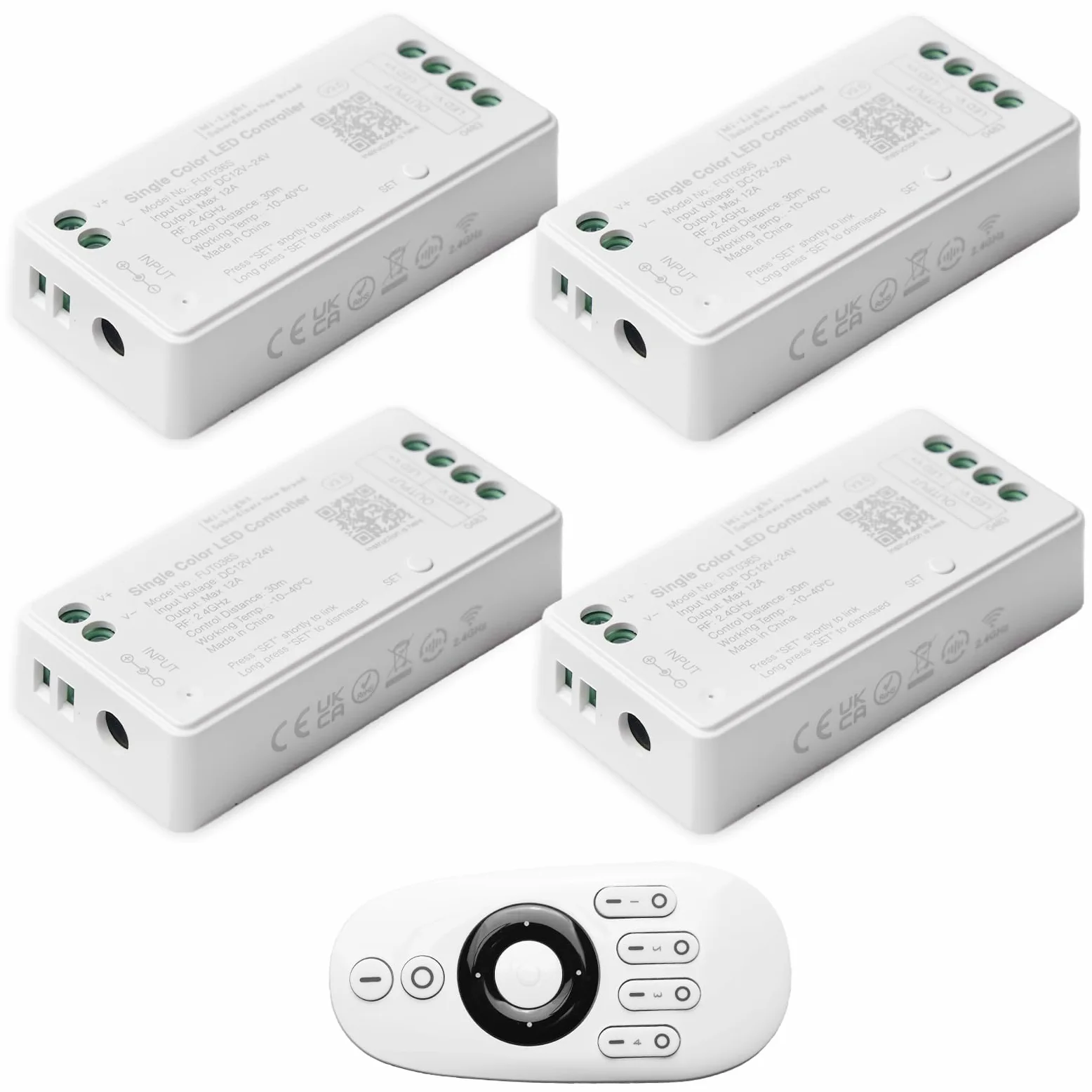 GBKDQQ Kit telecomando Milight Miboxer: 4 x 2,4 GHz, dimmer a tinta unita LED con 1 telecomando wireless RF a 4 zone, uscita DC12 V/24 V, max. 12 A (4 x FUT036S + FUT007)
