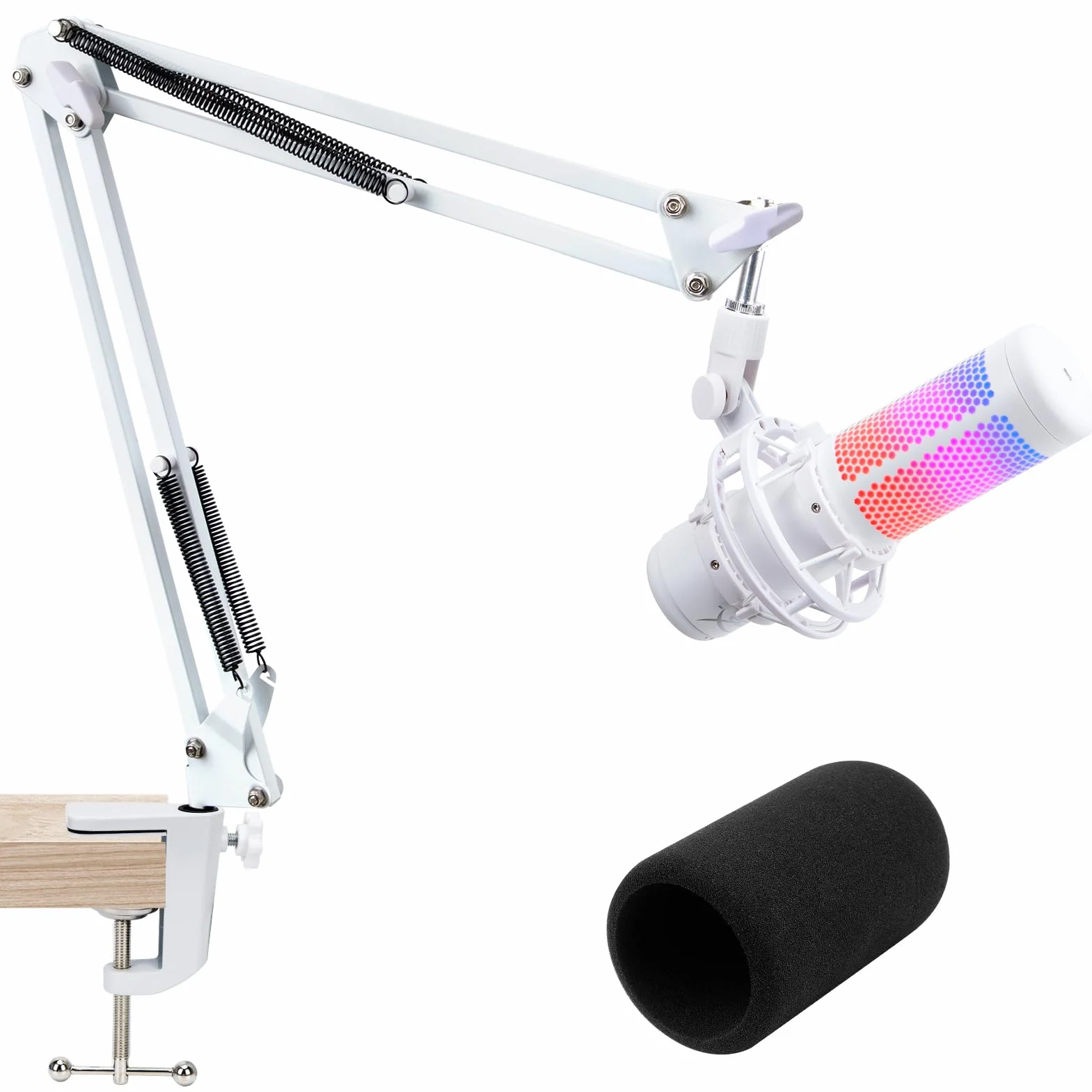 SUNMON Braccio Microfono Bianco per HyperX QuadCast S, QuadCast S2 - Set Supporto a Braccio con Spugna Antivento e Morsetto da Tavolo, Braccio Universale per QuadCast Blue Snowball Blue Yeti SoloCast