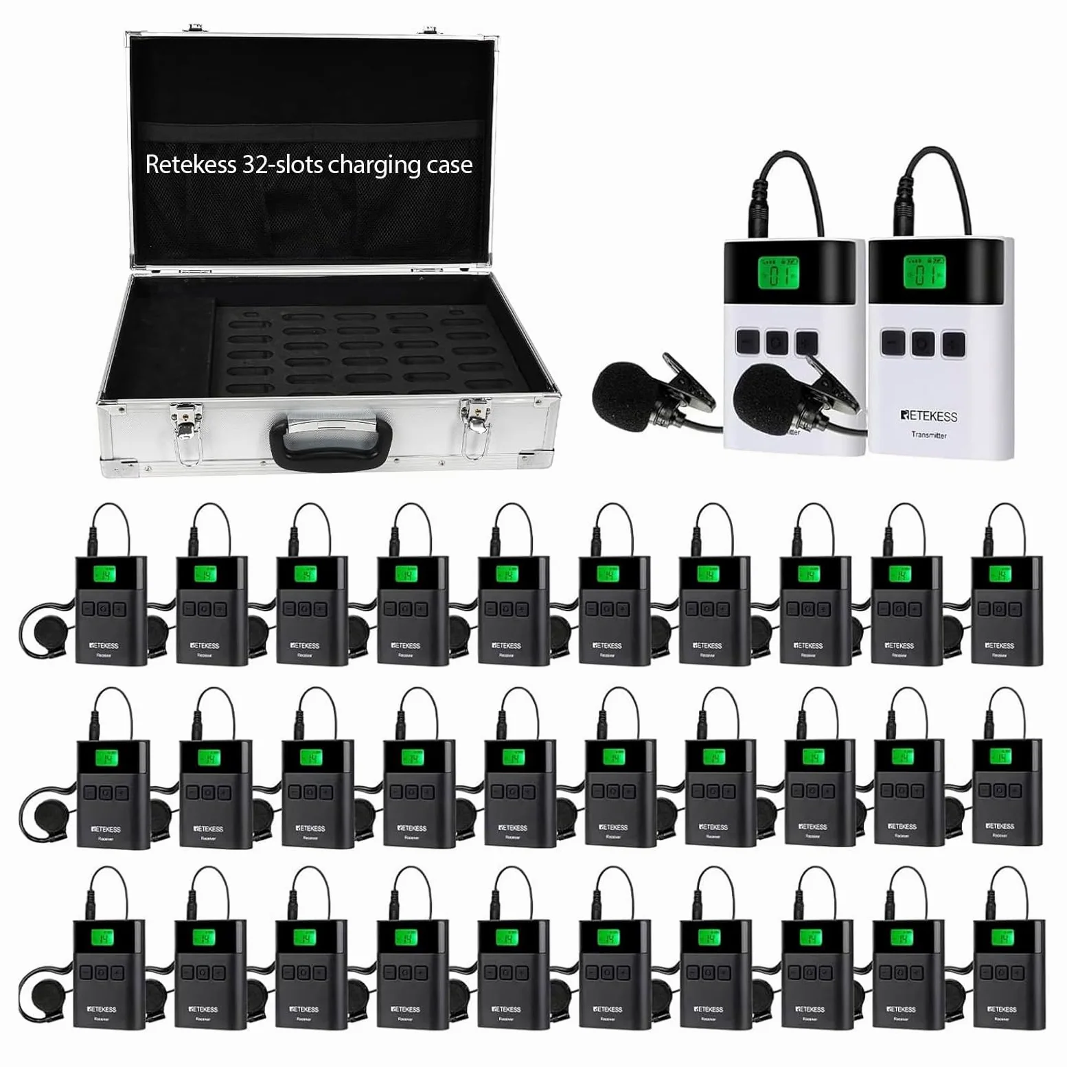 Retekess TT122 Sistema di Guida Turistica, 150m, 2.4G, 1500mAh Audio Wireless Apparecchiatura di Traduzione a 36 Canali, con Scatola di Ricarica a 32 Slot TT015 per Fabbrica, Turismo, Conferenza