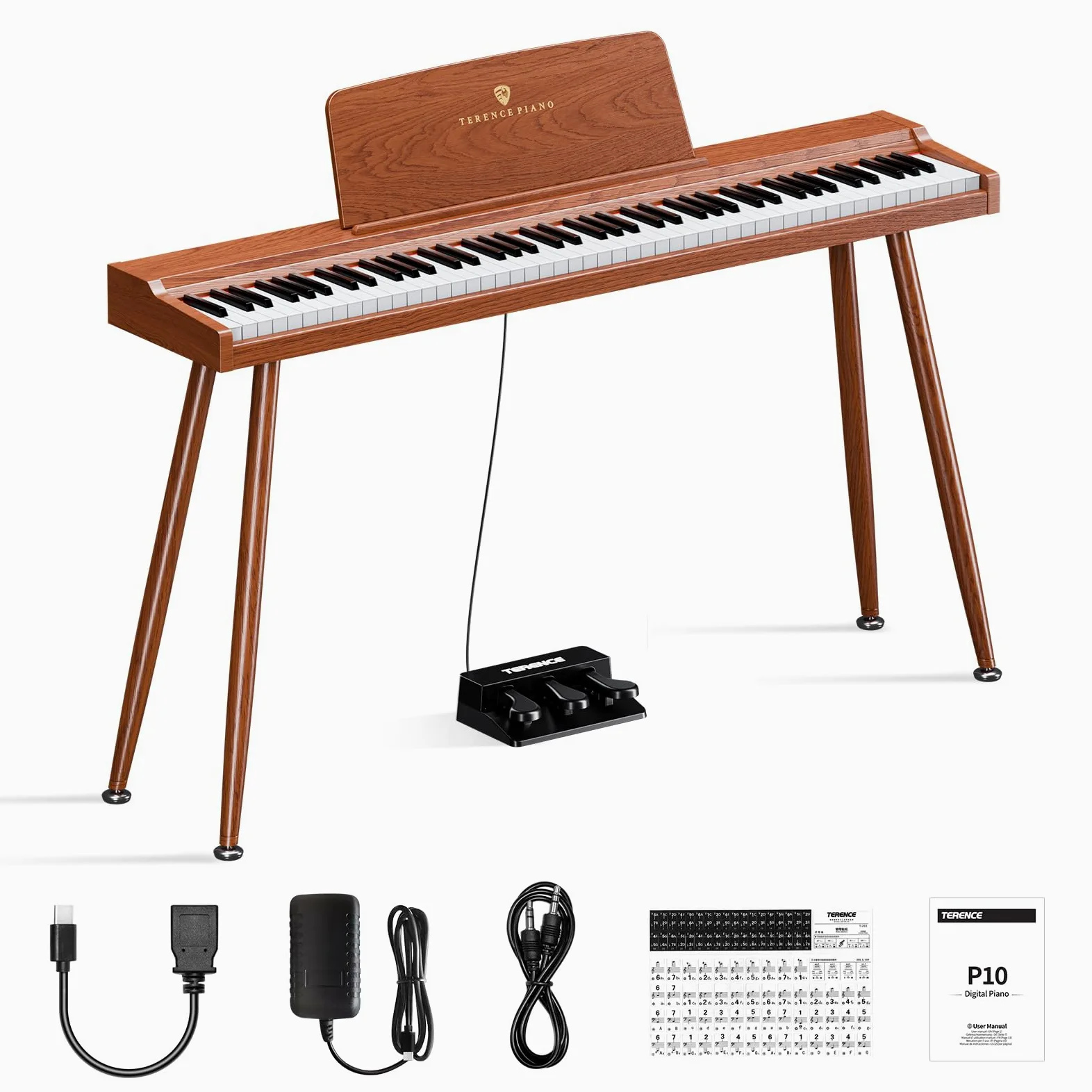 TERENCE P10 Pianoforte Digitale 88 Tasti per Principianti, Studenti & Intrattenimento Domestico | Sistema a 3 Pedali, Altoparlanti Stereo 20W, Doppia Uscita Cuffie