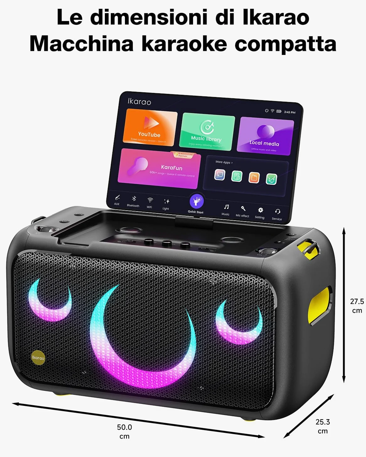 Ikarao Break X1 Macchina Karaoke con Schermo Touch 13,3", Altoparlante Bluetooth 800W, 2 Microfoni Wireless e Luci LED – Perfetta per Feste, Serate in Famiglia ed Eventi con Design Moderno
