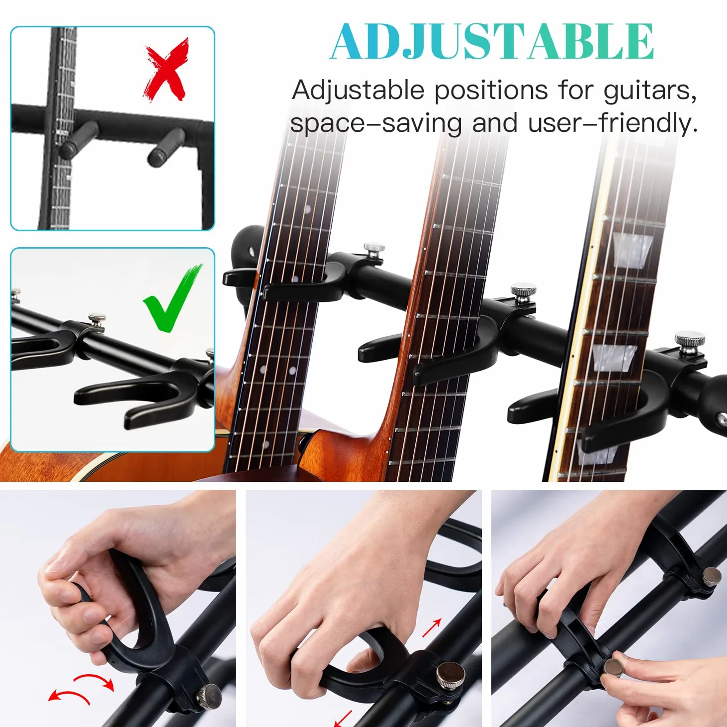 GUITTO GGS12 - Supporto per chitarra, pieghevole, universale, portatile, per palcoscenico, basso, chitarra acustica, 3 supporti GGS-12