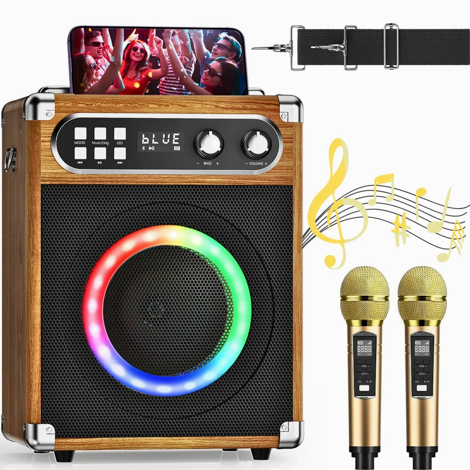 Karaoke Macchina portatile Karaoke professionale con 2 microfoni wireless UHF, sist. PA con lampada DJ, ideale per karaoke familiare, feste di canto, feste di matrimonio, matrimonio