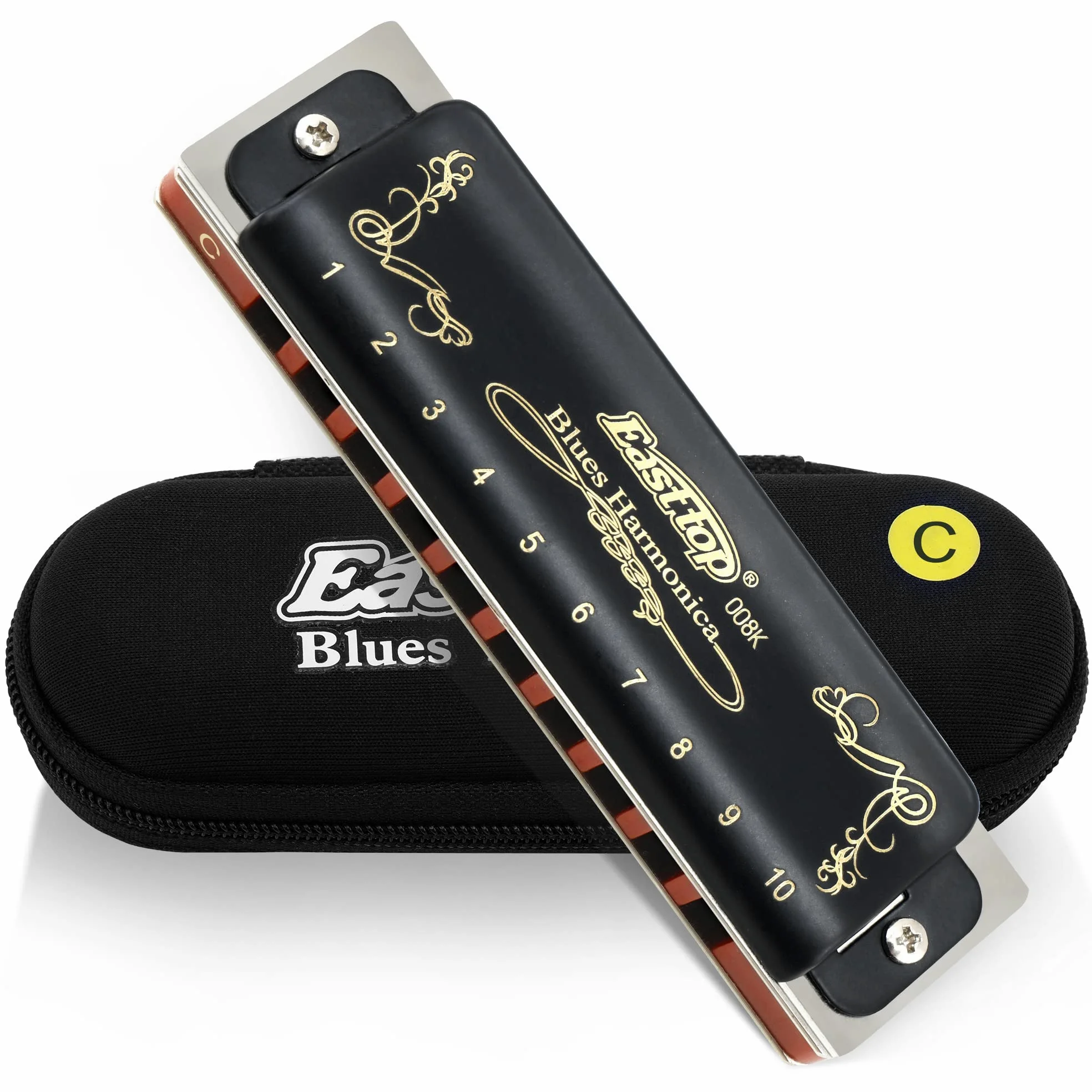 East Top Armonica a bocca diatonica Key of C 10 fori 20 toni 008K Blues Armonica a bocca con copertura nera, armonica di grado superiore per adulti, professionisti e studenti