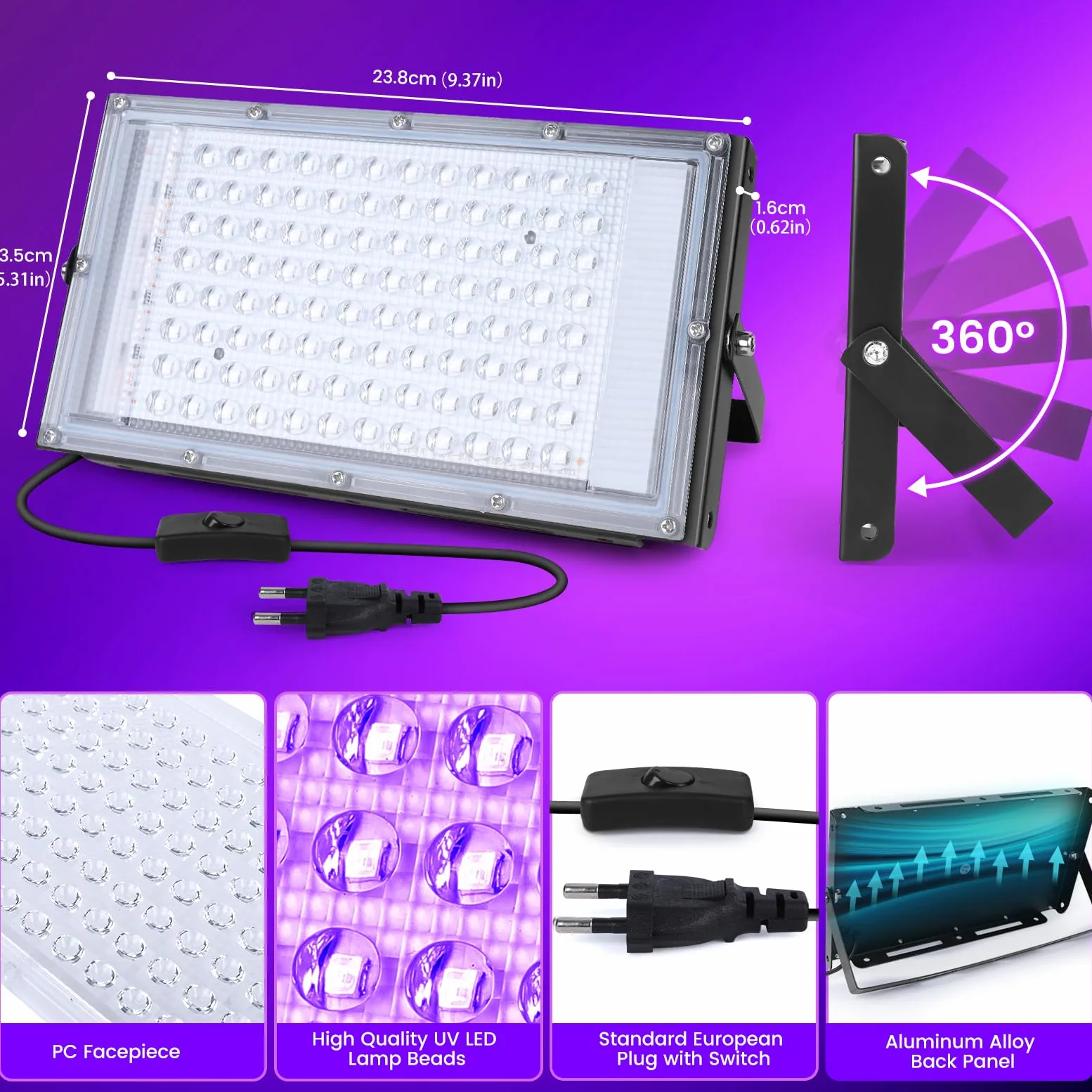 100W LED UV Luce Nera, Faretto a Luce Nera, Luce Nera Impermeabile IP66 con Spina Standard Europea, Adatto per Halloween, Feste Fluorescenti, Decorazioni per Palchi e Acquari