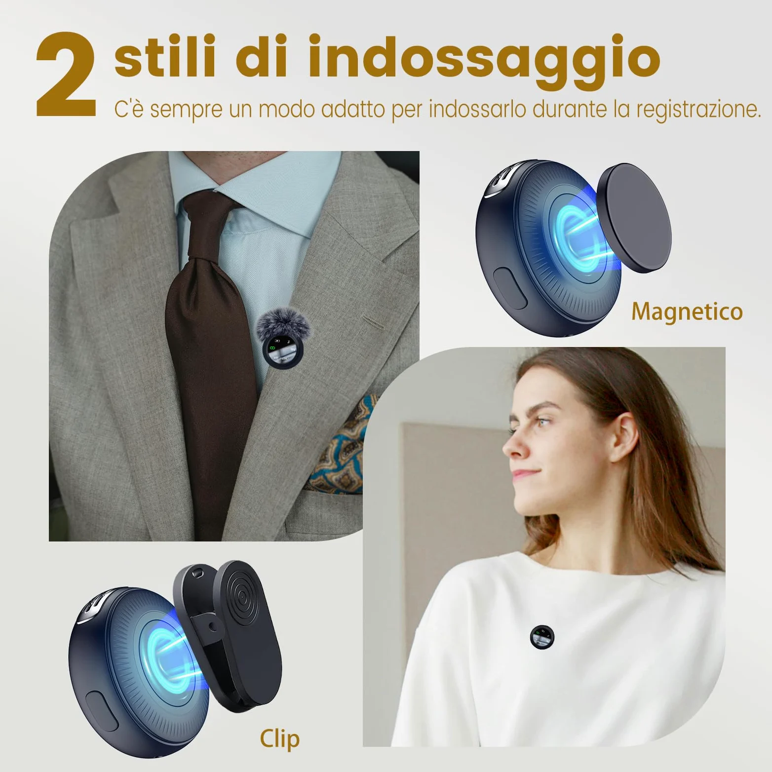 Microfono wireless 2 in 1 per iPhone e Android, mini microfono a riduzione del rumore con custodia di ricarica da 40 ore, clip magnetica per colloqui, 25 metri