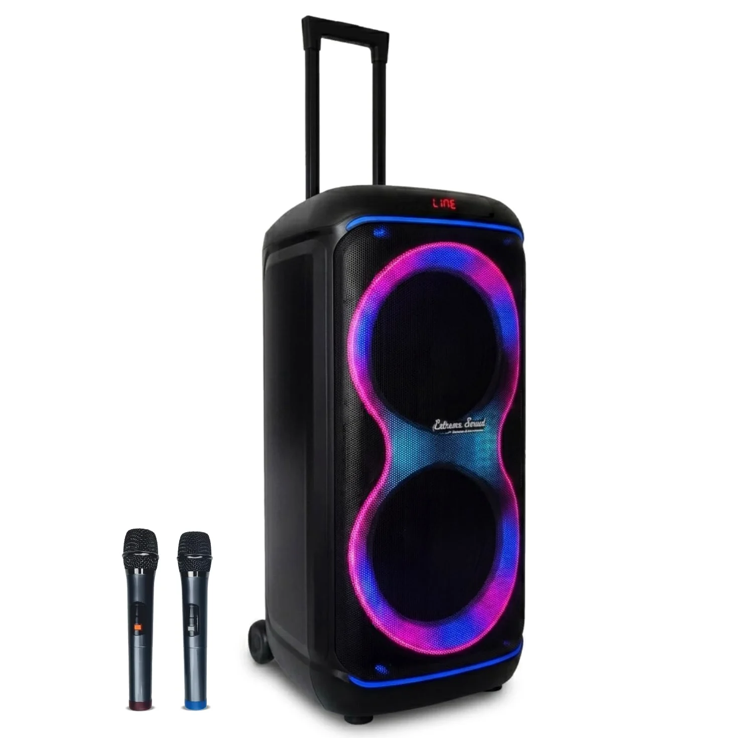 Extreme Sound Cassa audio Trolley doppio Woofer 10" pollici con Microfoni Wireless, Bluetooth, Batteria Ricaricabile Alta Potenza - AMPLIFICATA - Cassa per Eventi - Karaoke e artisti di strada
