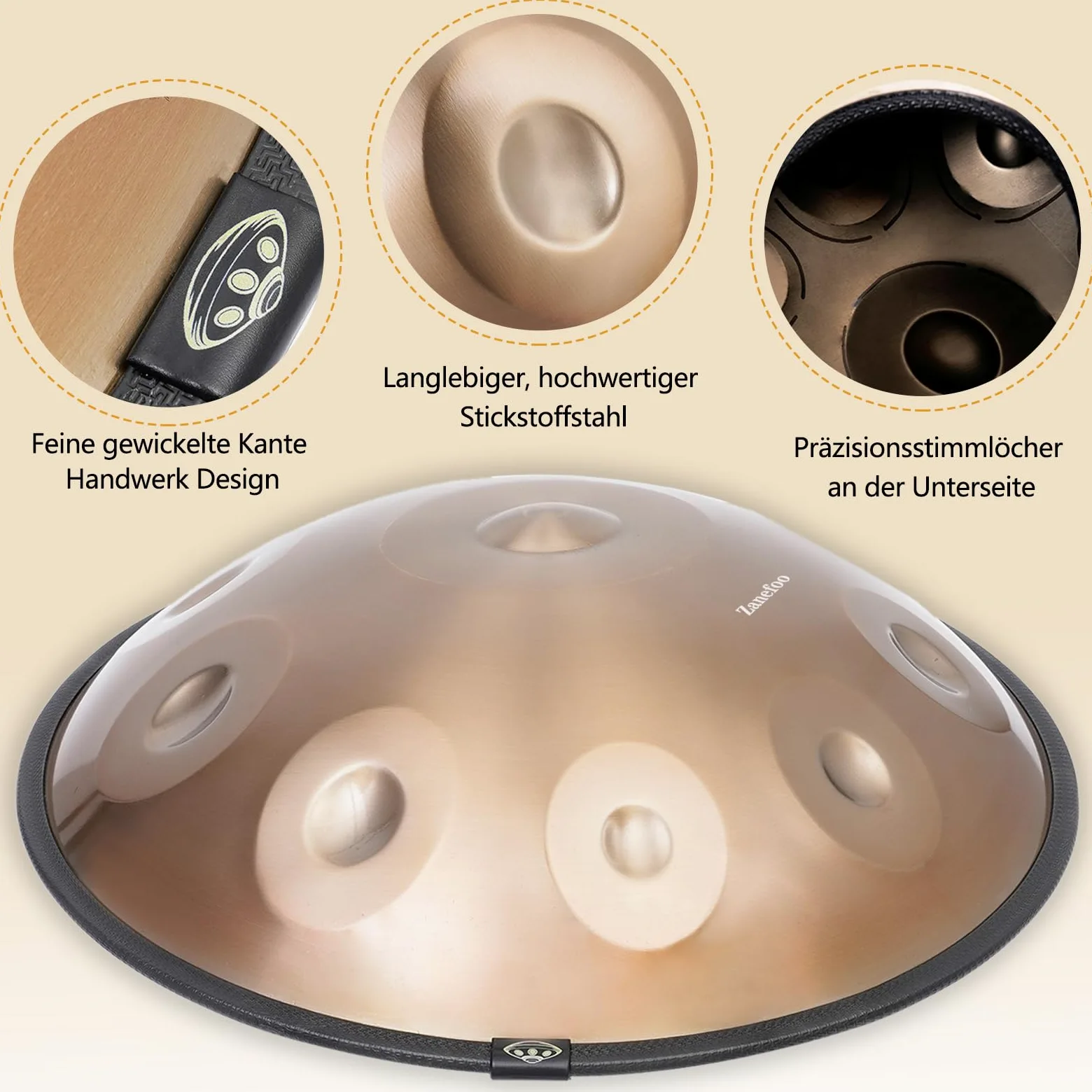 Handpan 22 Pollici (56cm) - 9 Note Re Minore (D-Minor) 432Hz | Acciaio Nitruro Professionale | Tamburo a Mano con Borsa per Yoga, Meditazione e Guarigione Sonora (Oro)
