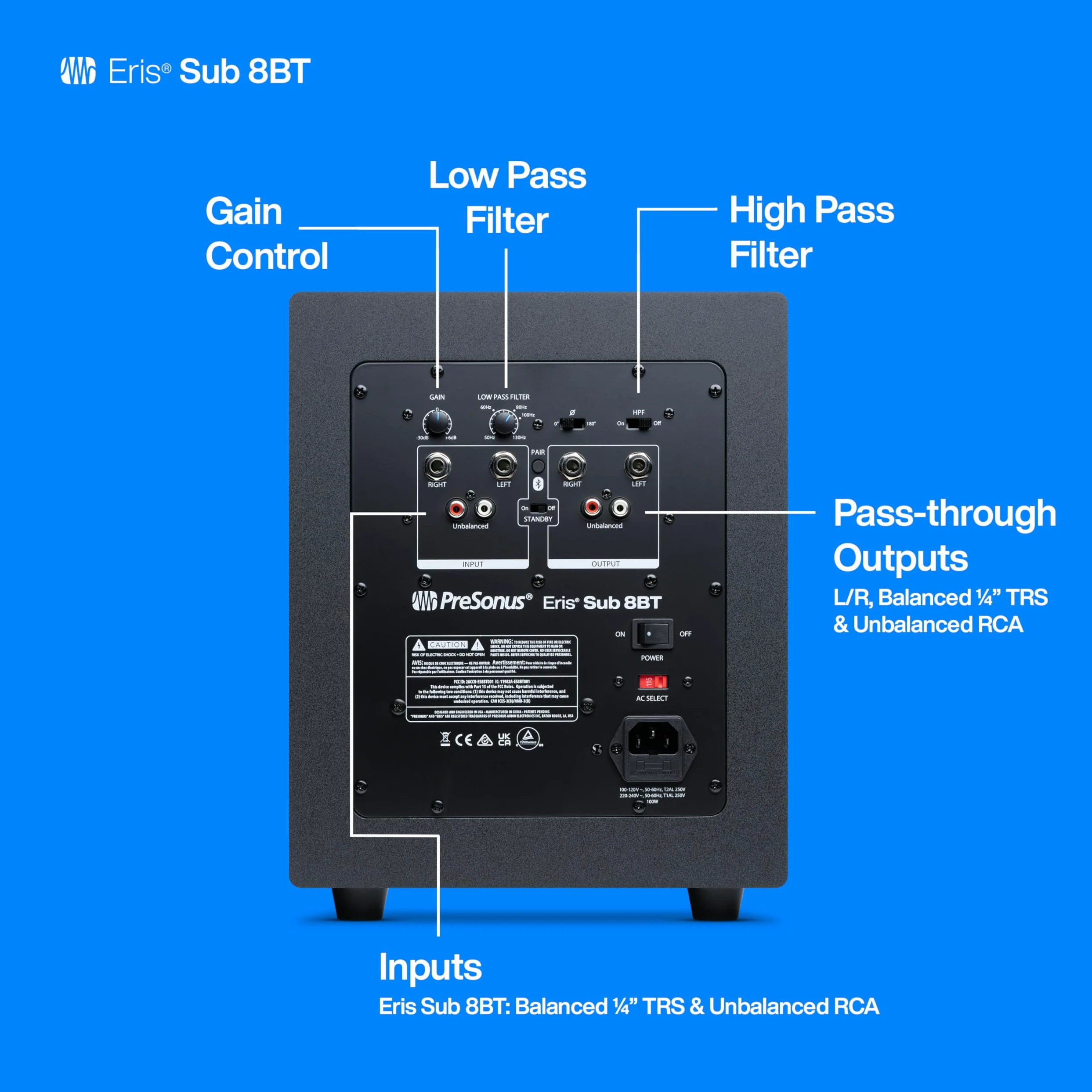 PreSonus Eris Sub 8BT — 8" Inch Powered Subwoofer, Powered Sub, Active Subwoofer, Wireless, Bluetooth, Home Audio, Bass Speaker, Home Theater, Music Production, Gaming