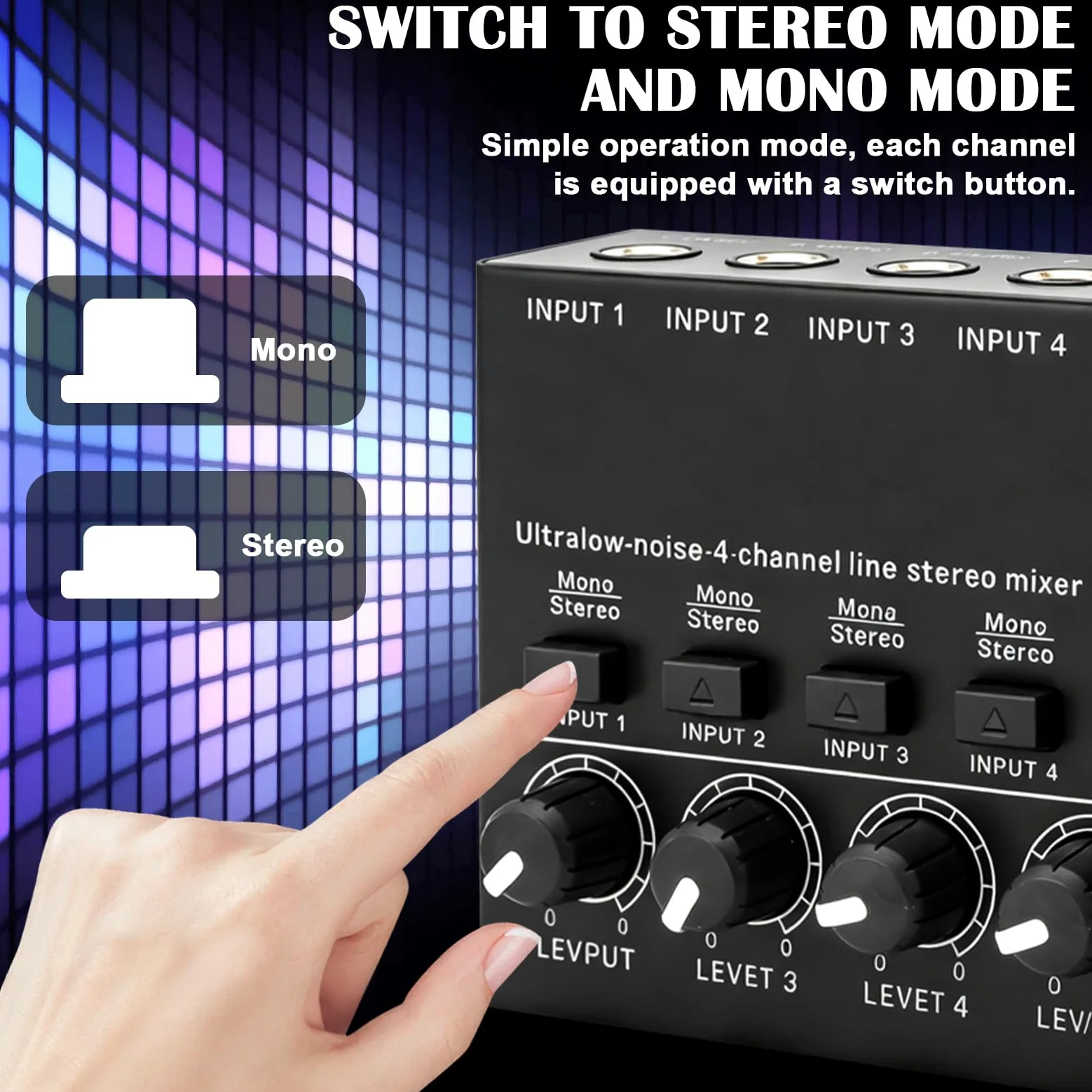Mixer Audio a 4 Canali, Mini Mixer Stereo Attivo, Consolle di Mixaggio Audio con Basso Rumore, Regolazione del Volume Indipendente, Consolle di Mixaggio Compatta per Microfoni, Chitarre, Bassi