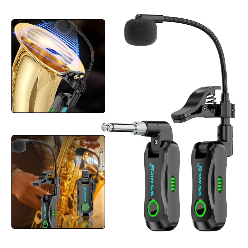 Microfono digitale wireless per sassofono: trasmissione 2,4 GHz, portata 40 m, latenza 12 ms, audio 48 K/16 bit, 98 dB SNR, compatibile con sax e tromba
