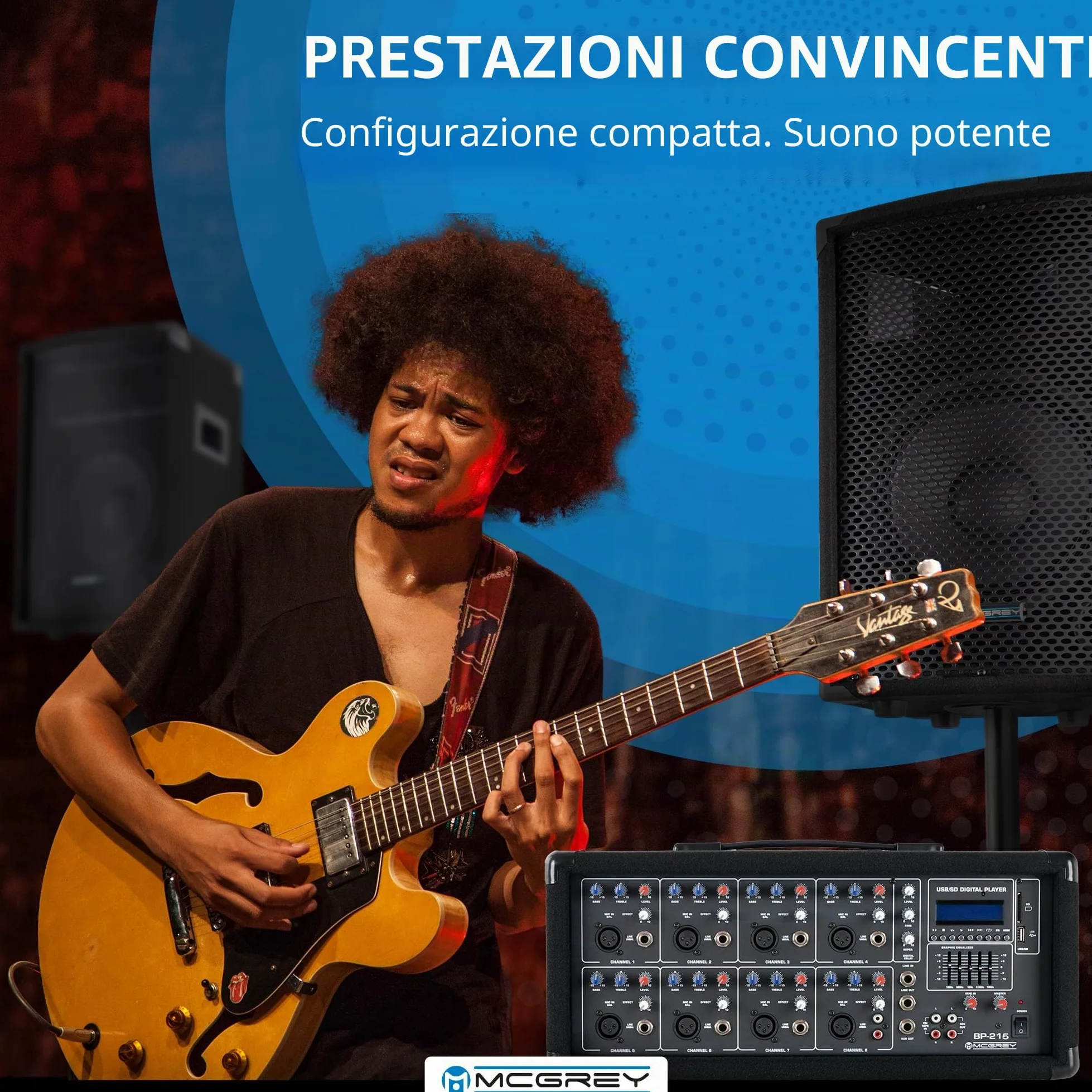 McGrey BP-215 Bandpack PA-System: mixer amplificatore 8 canali, riverbero digitale, Bluetooth, slot USB/SD, casse 2 vie 15" woofer, microfono, supporti, cavi, 150 Watt.