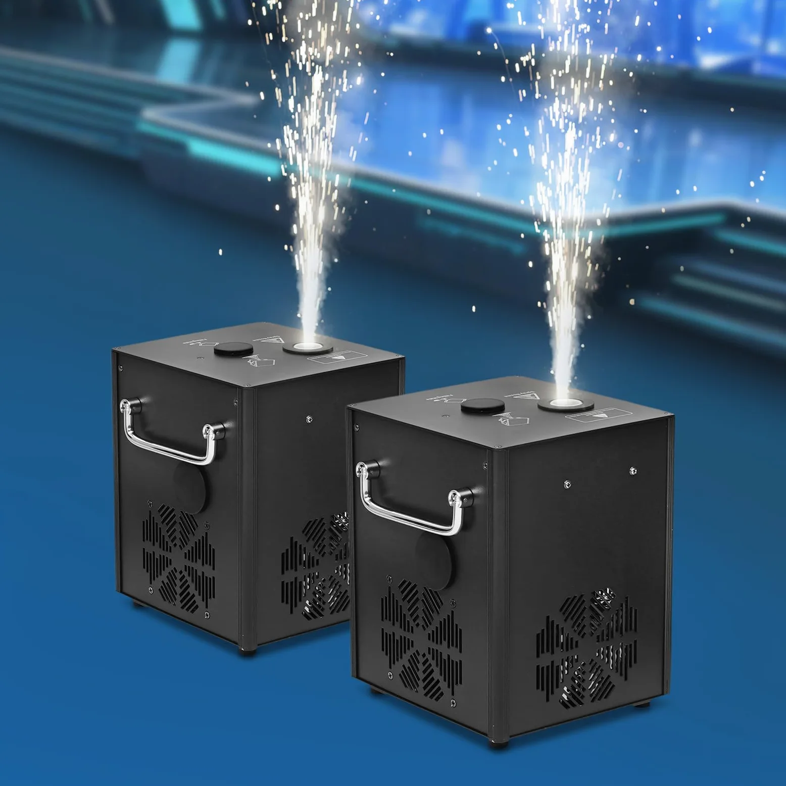 Set di 2 macchine pirotecniche con valigetta, 750 W, fuochi d'artificio freddi, DMX512 e telecomando, macchina da palcoscenico regolabile in altezza per matrimoni, feste, DJ, concerti, colore nero