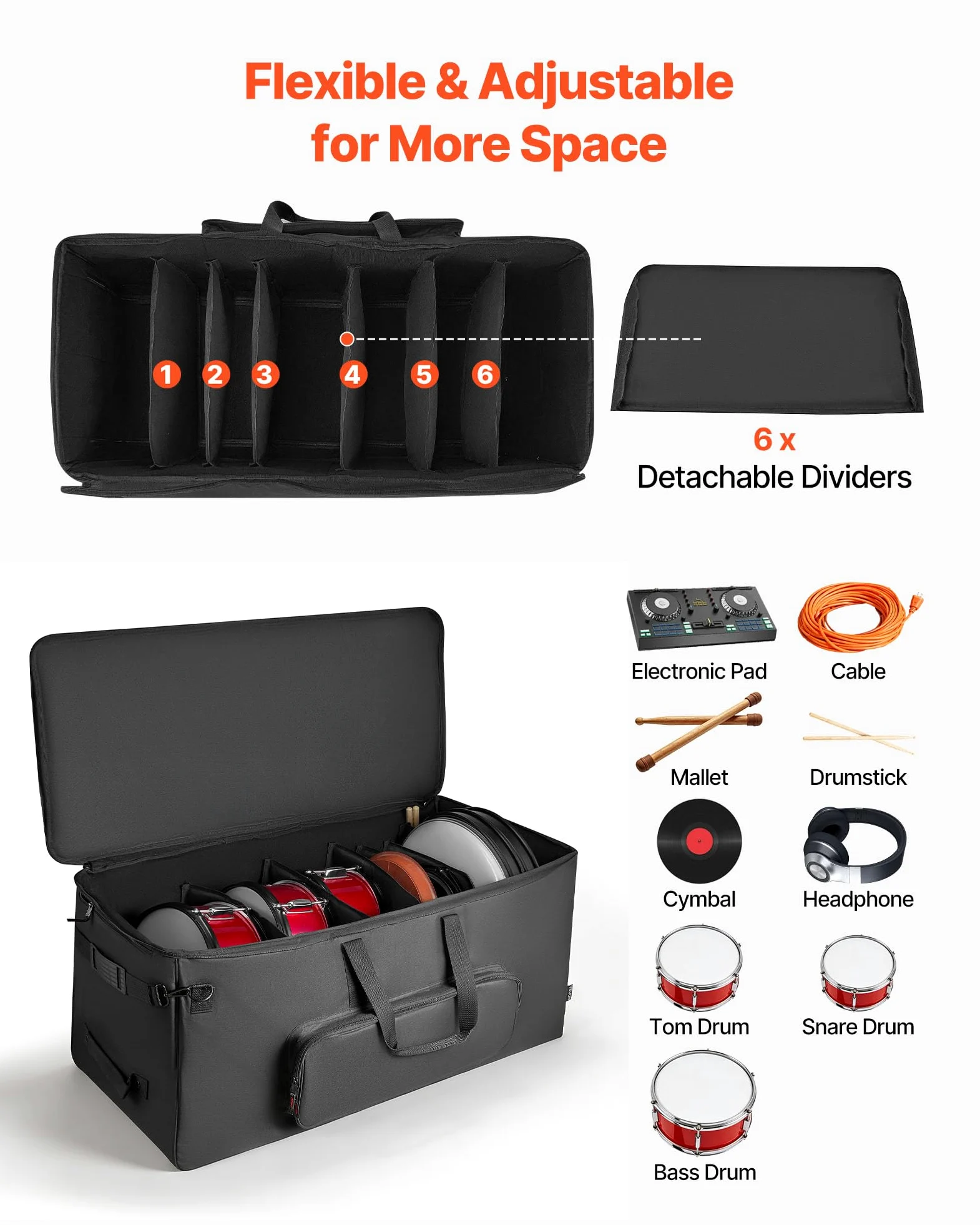 VEVOR Borsa per Batteria Elettronica in 600D, Borsa Imbottita con Ruote, Grande 91,4 x 42,1 x 41,9 cm di Interno, Custodia da Viaggio Leggera con Divisori Rimovibili, Tasche Multiple, Nero