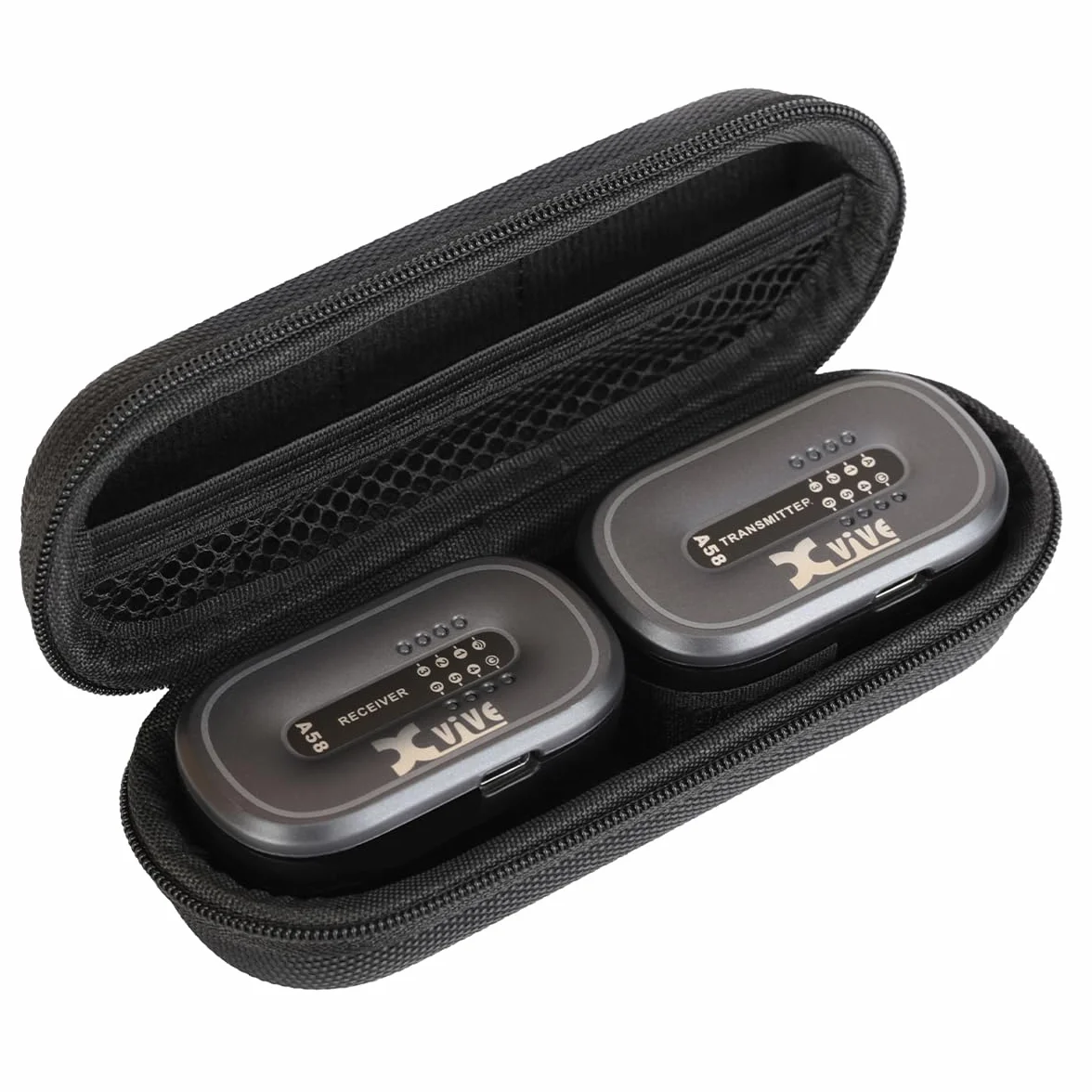 XVIVE A58 - Sistema Wireless Digitale per Chitarra Elettrica Acustica e Basso, Trasmissione in Banda 5,8Ghz - Fino a 5 Ore di Autonomia, Custodia e Doppio Cavo USB per Ricarica Inclusi, Jack Snodati
