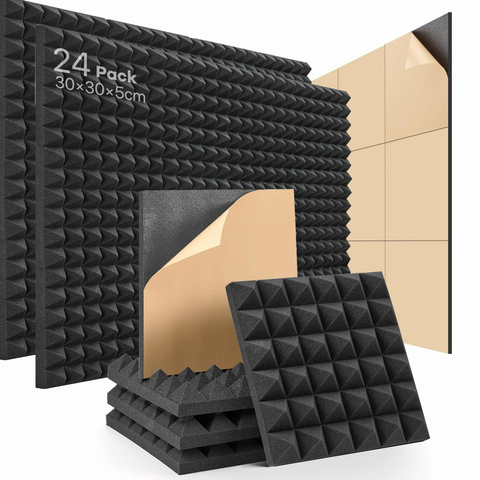 Pannelli Fonoassorbenti Autoadesivi 24 Pezzi Pannelli Insonorizzanti alta densità Pannello Fonoassorbente per Trattamento acustico Podcasting, Studi di Registrazione 30 X 30 X 5cm
