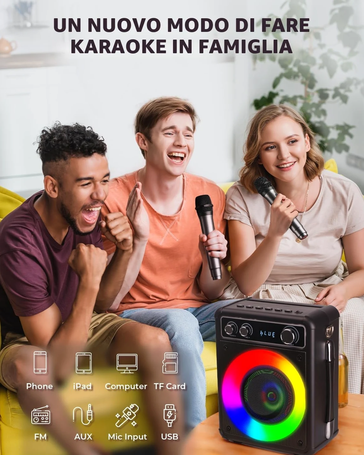BONAOK Karaoke Machine, Sistema Karaoke Bluetooth con 2 Microfoni, Macchina Ricaricabile per il Karaoke Party, Music Box con Effetto Luci, Supporto TF USB per Home Party