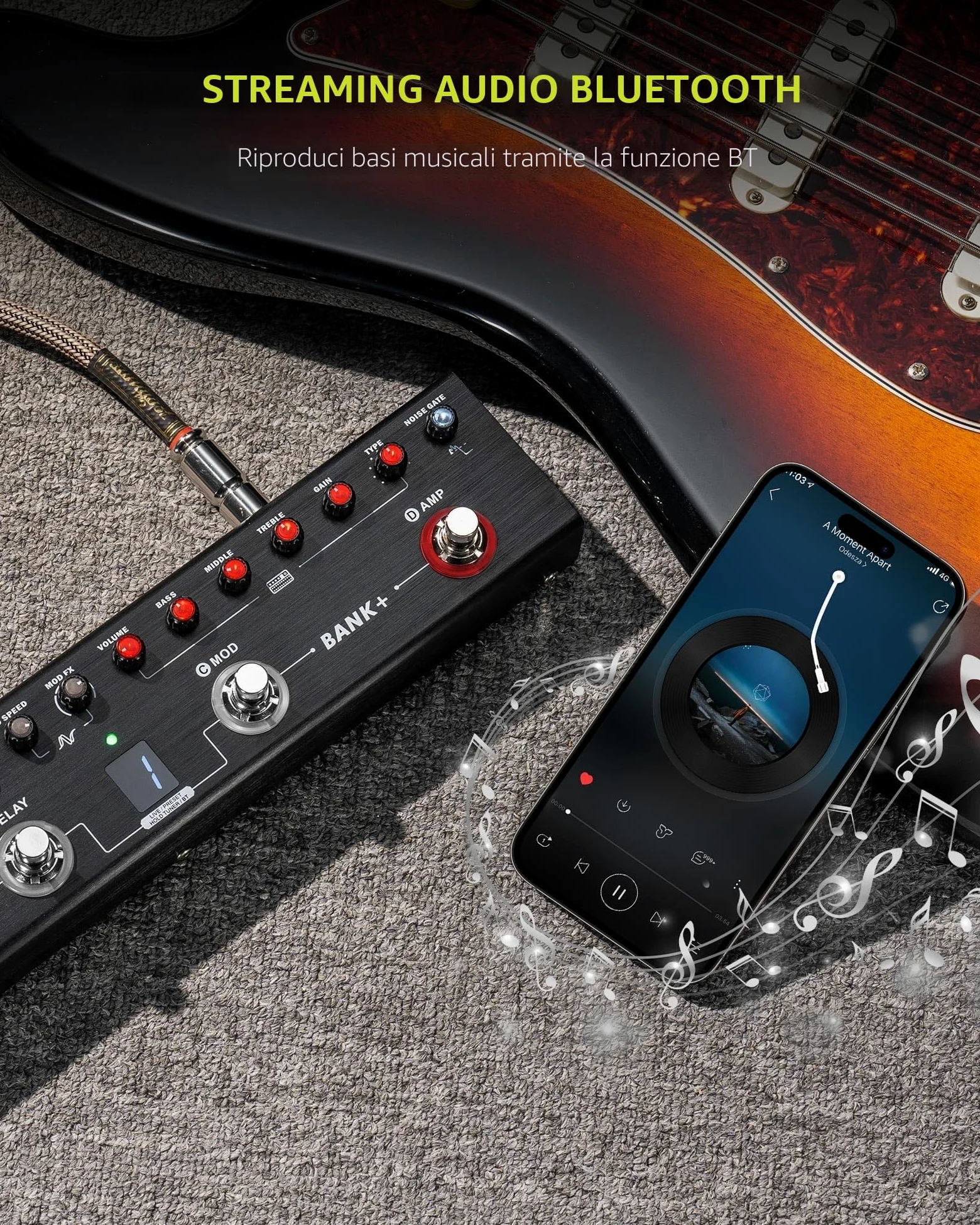 LEKATO Pedale per chitarra multi-effetto, 36 preset modificabili, coro, delay, reverbo, MOD, ricarica IR, registrazione, batteria integrata, connessione BT