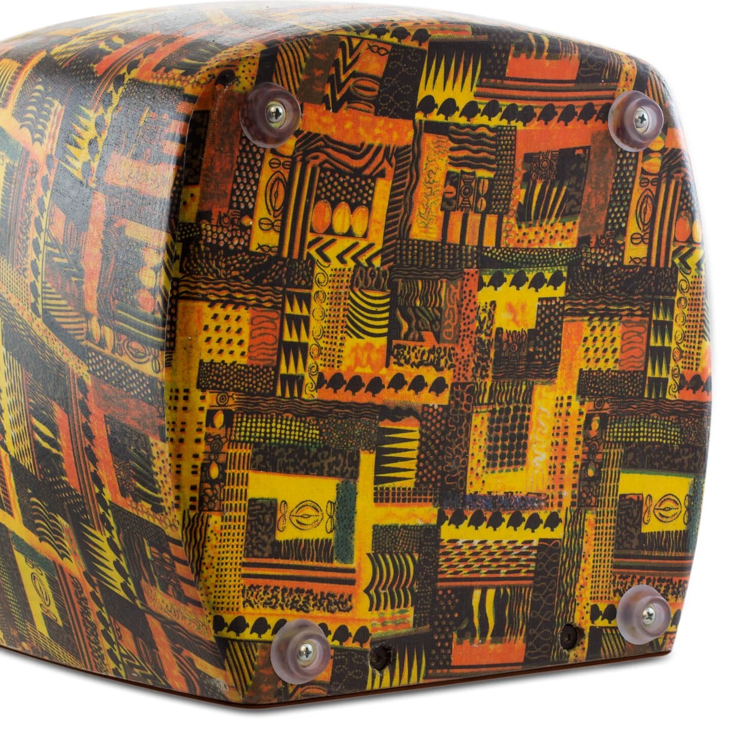 CAJ3-DK Tamburo Cajon con Superfice Rifinita in Stile Zebrano, Design Tribale Giallo e Arancione