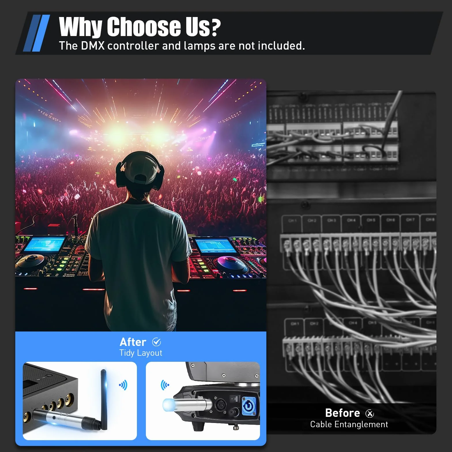 DMX512 - Trasmettitore con 7 ricevitori, controller DMX wireless 2,4 G ISM, controller di illuminazione a LED, senza fili, segnale DMX, per DJ LED, palcoscenico, luce per feste